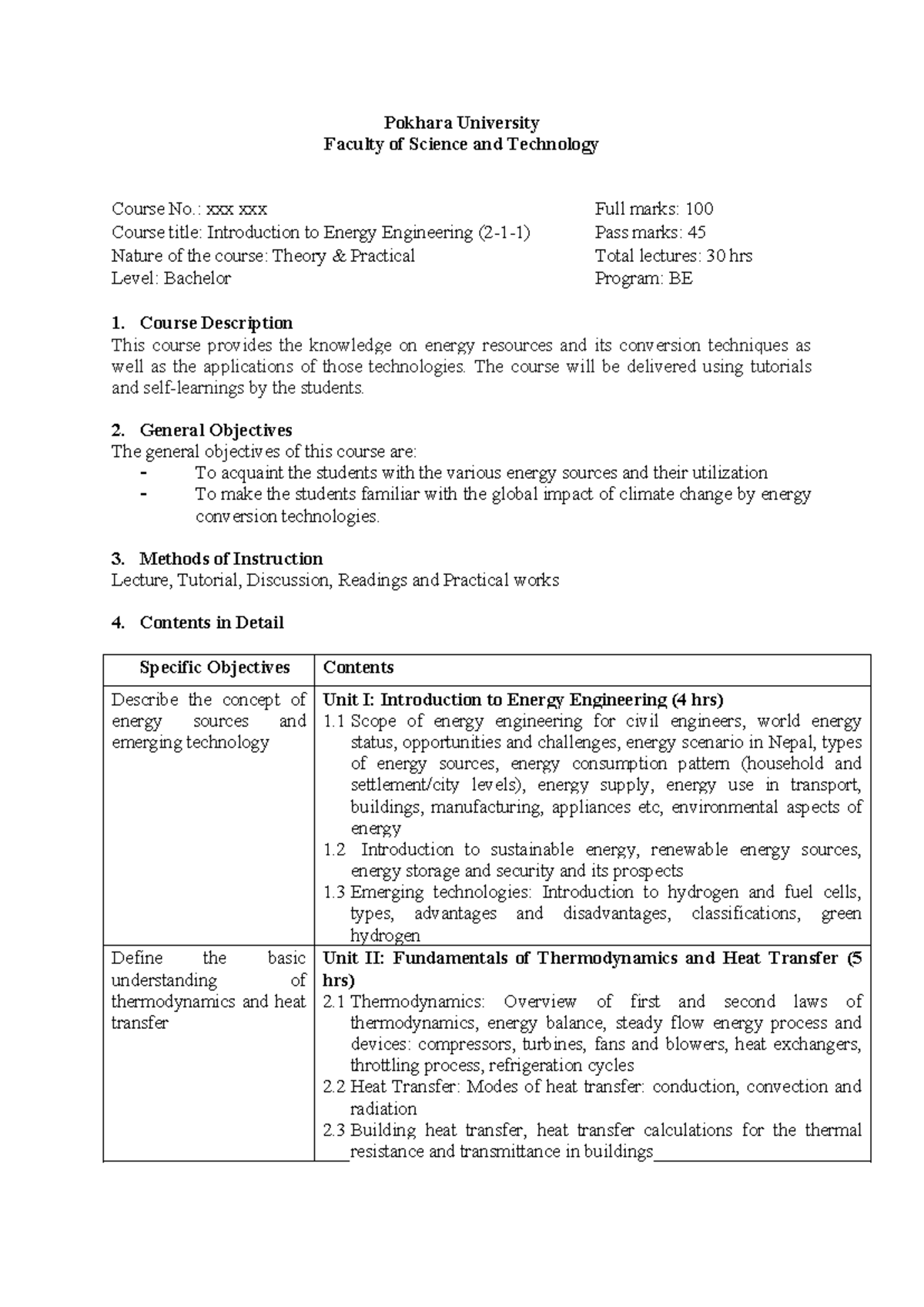 Introduction to Energy Engineering Syllabus (BE 1) - Studocu