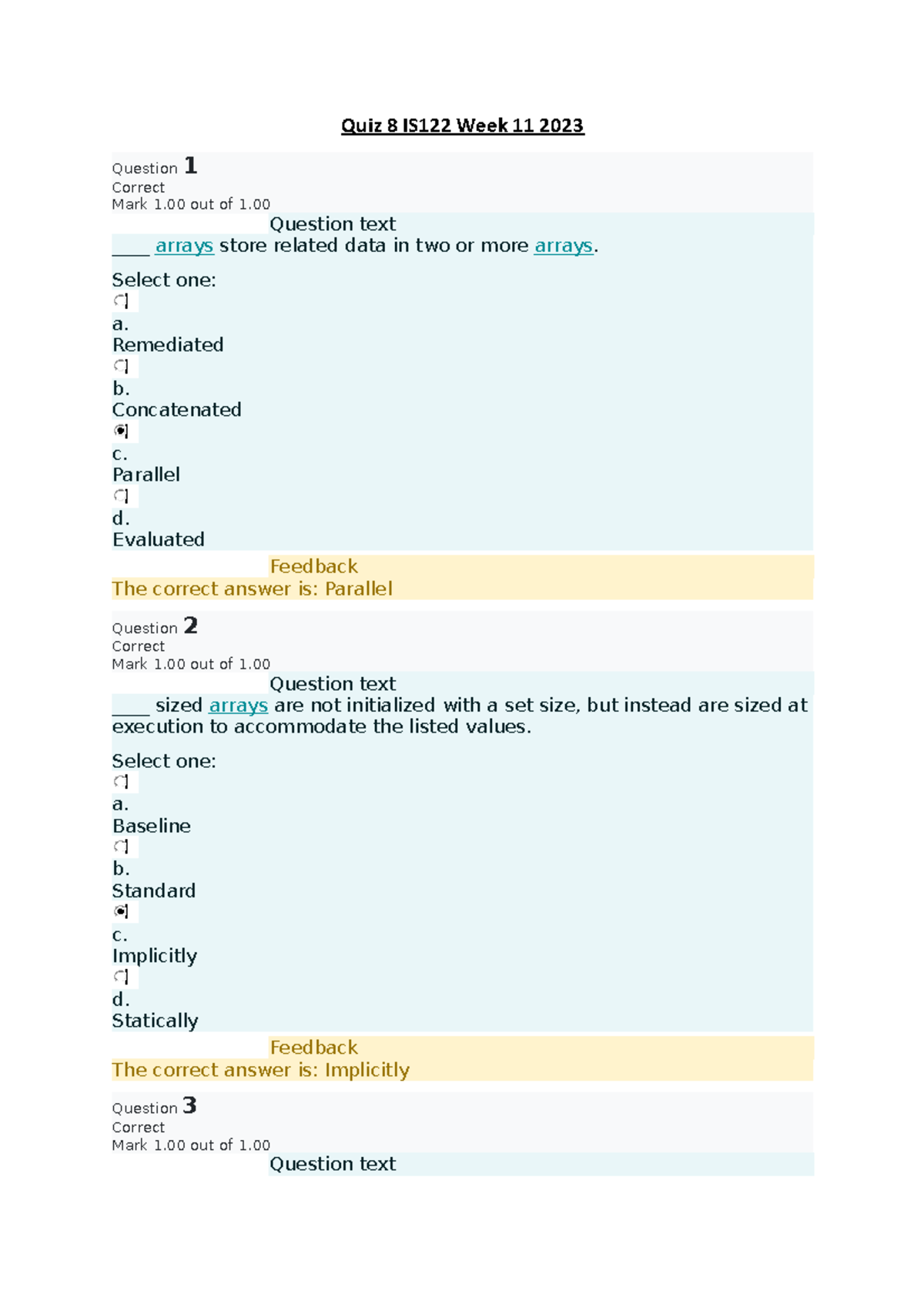 Quiz 8 Review for IS122 - Week 11, 2023 Insights on Arrays - Studocu