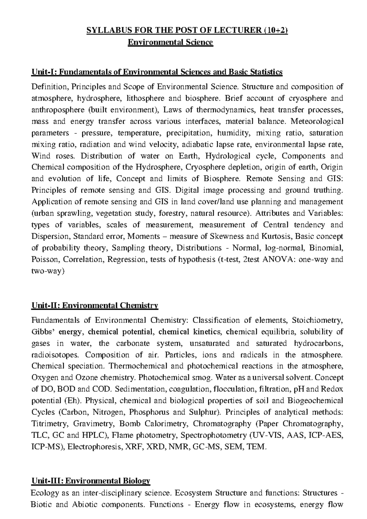 SYLLABUS FOR LECTURER IN ENVIRONMENTAL SCIENCE (EDU 101) - 2025 - Studocu