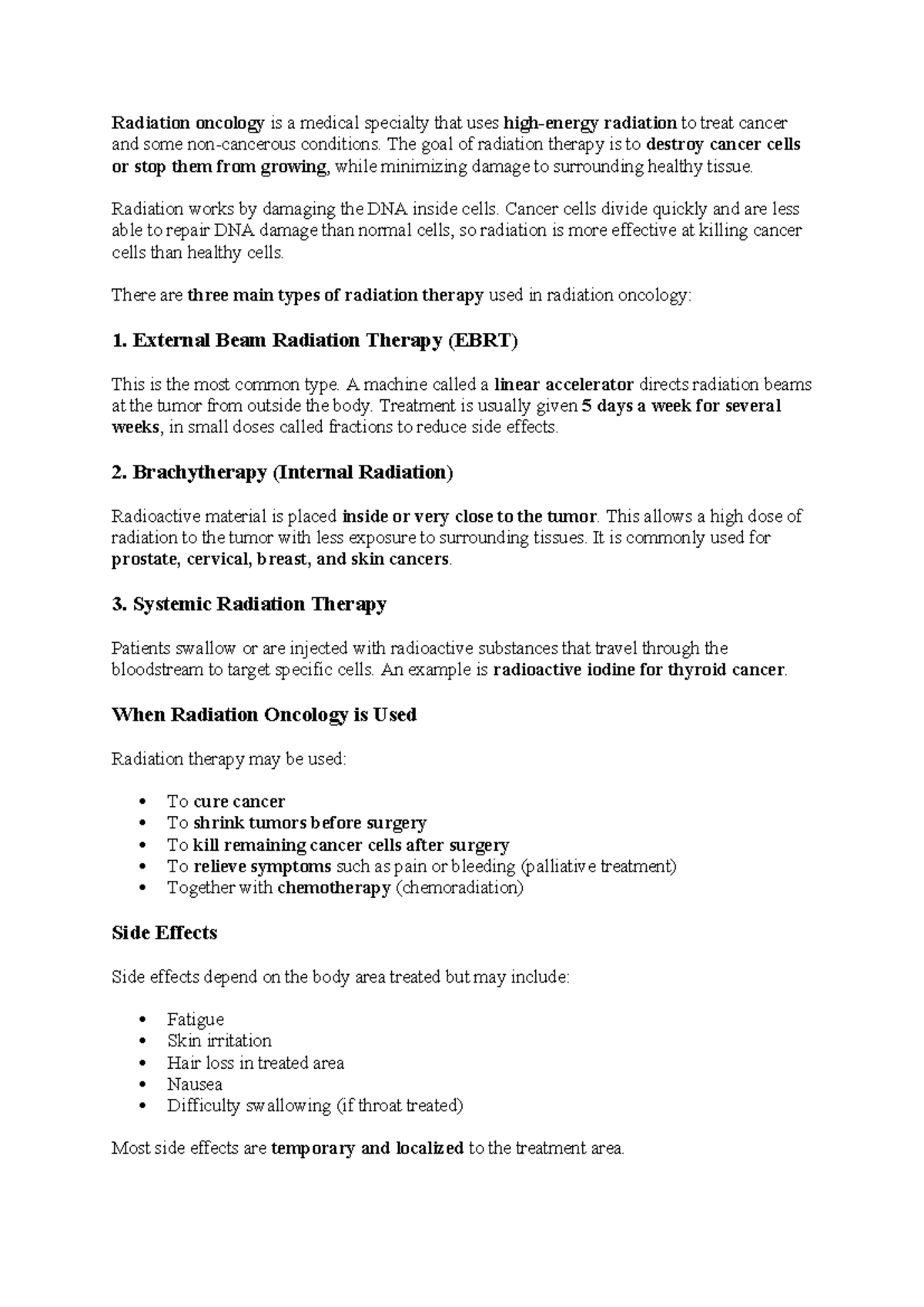 Radiation Oncology: Overview of Treatment Types and Side Effects - Studocu