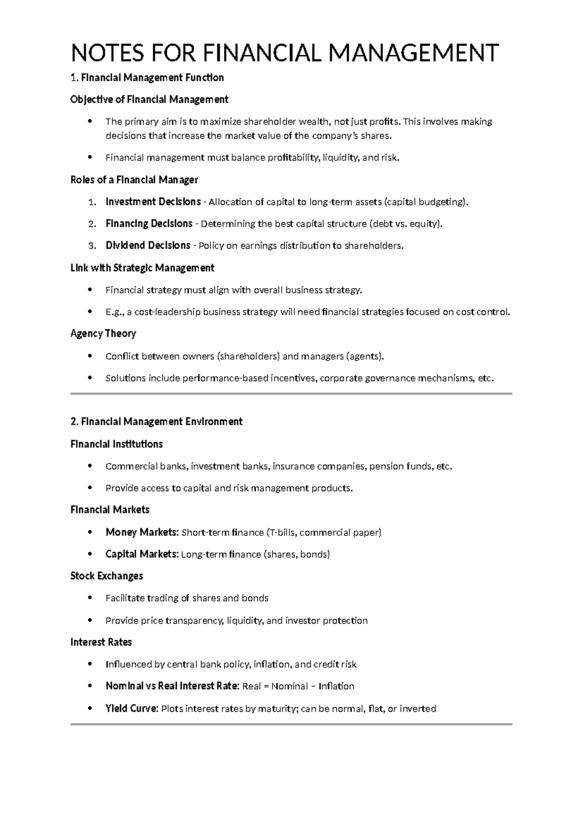 FM 1: Short Notes on Financial Management Concepts and Strategies - Studocu