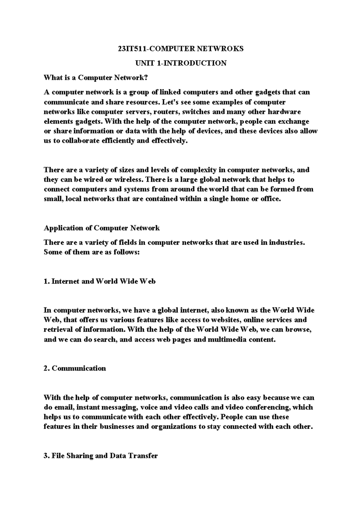 NETW 101: Understanding Computer Networks - Unit 1 Notes - Studocu