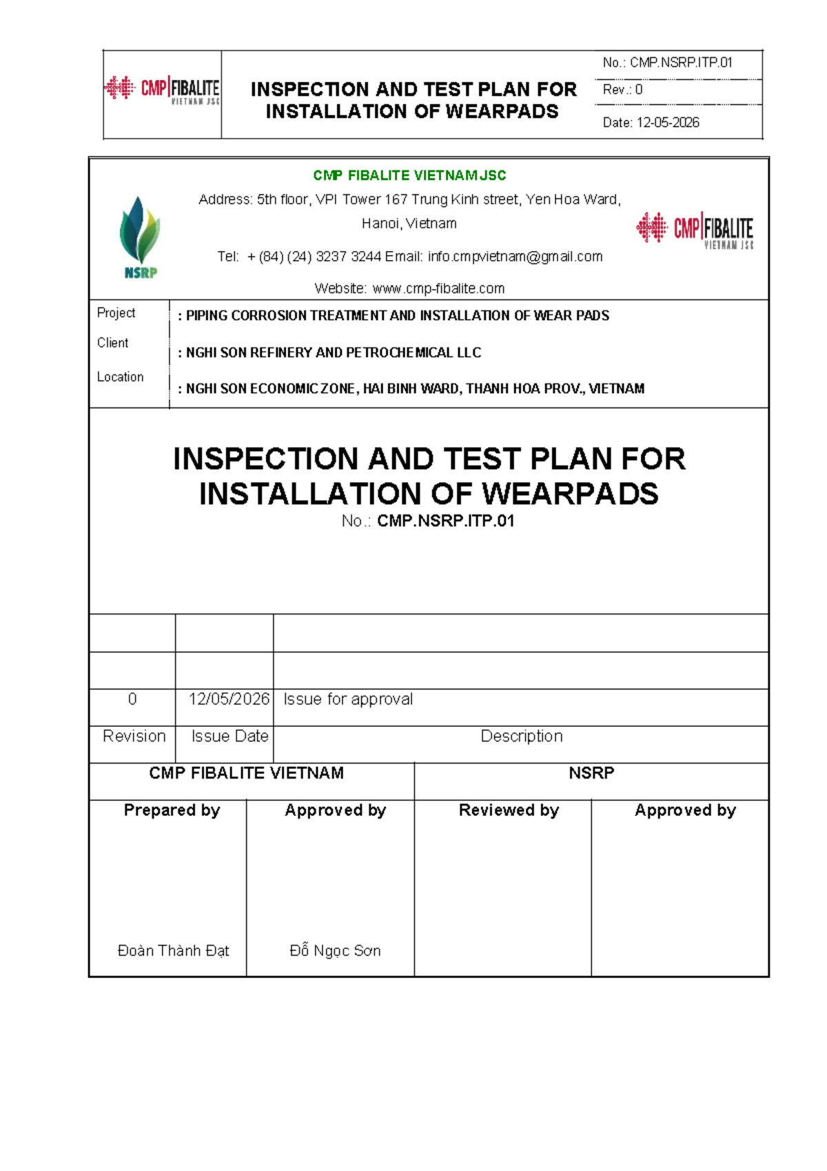 CMP.NSRP.ITP.01 Inspection & Test Plan for Wearpad Installation - Studocu