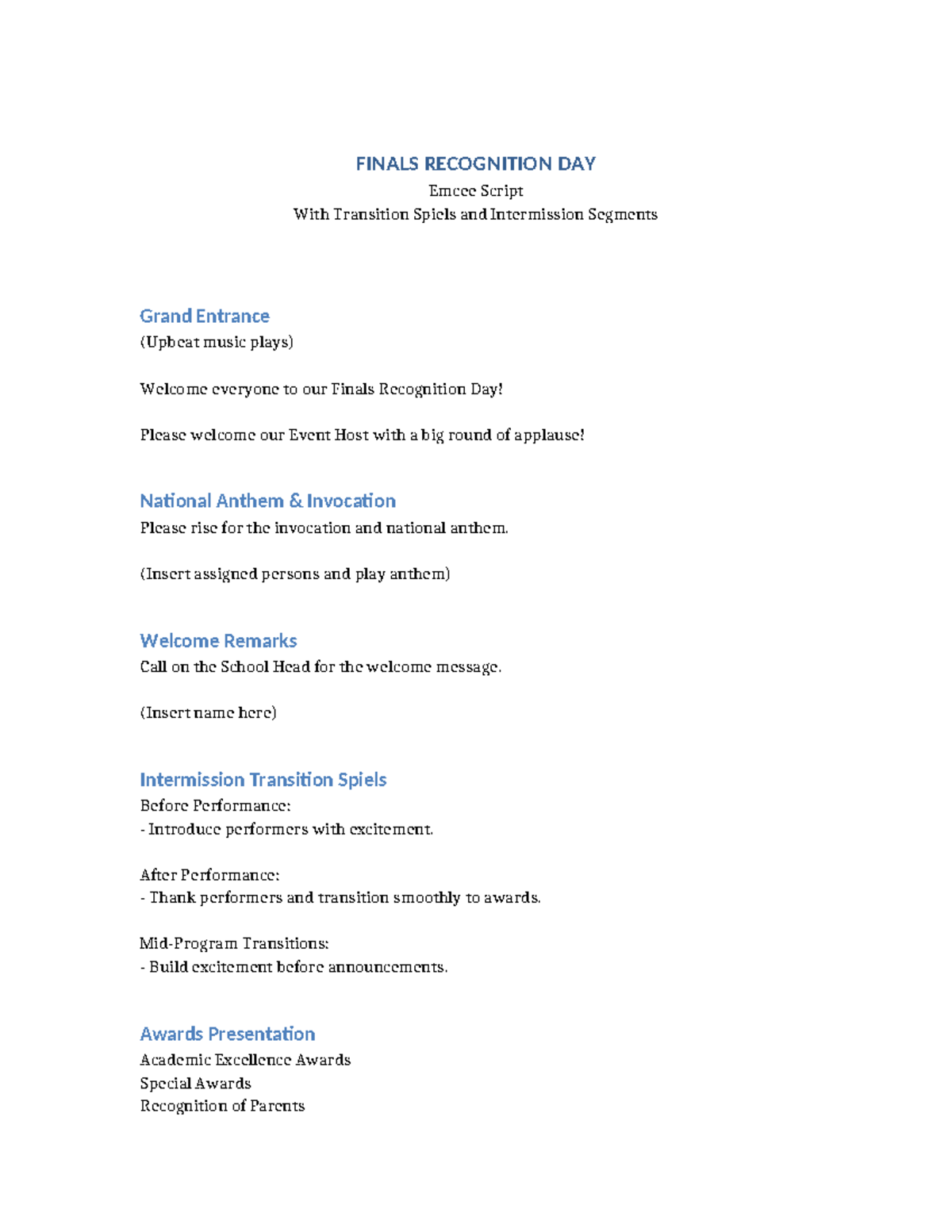 FINALS RECOGNITION DAY Emcee Script with Transitions and Awards - Studocu