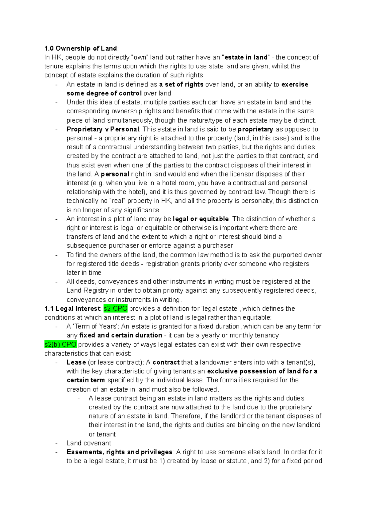 Notes for Land Law I - 1 Ownership of Land: In HK, people do not ...