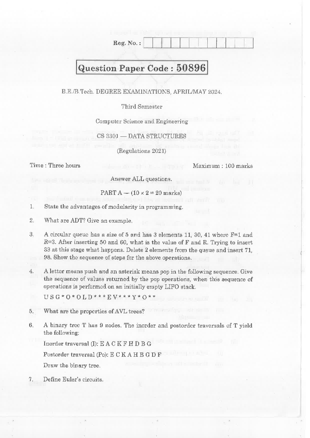 Data Structures CS 3301 - 2024 Final Exam Question Paper - Studocu