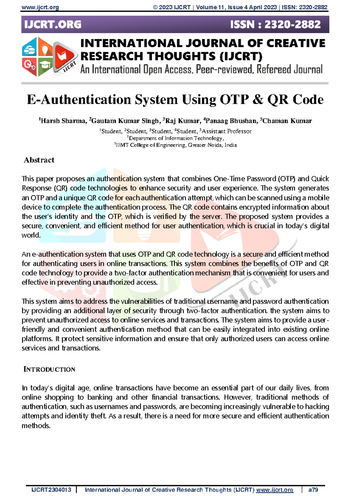 Ijcrt 2304013 - E-Authentication System Using OTP & QR Code 1 Harsh ...