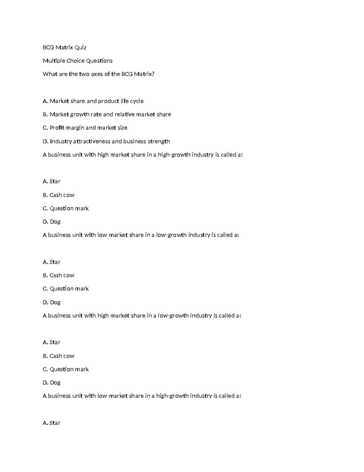 BCG Matrix Quiz - Introductory Questions and Concepts Review - Studocu