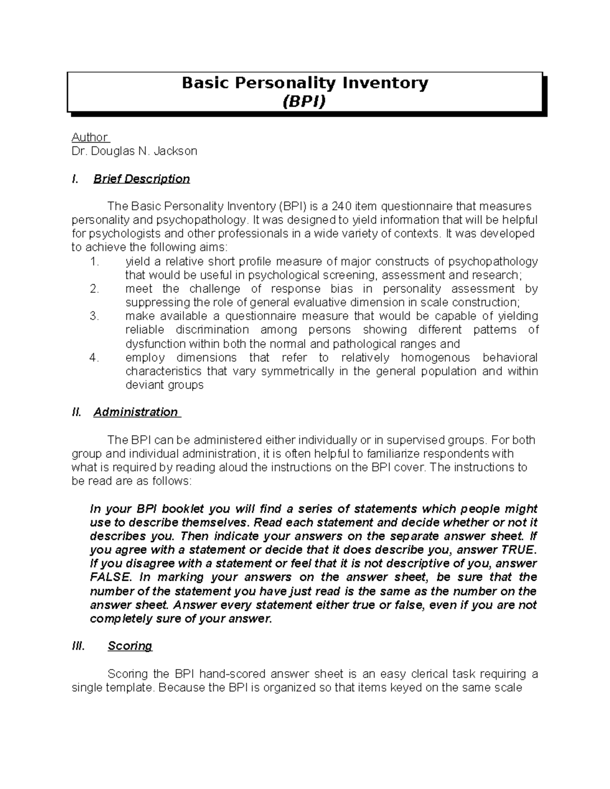 Basic Personality Inventory (BPI) Overview and Administration Guide ...