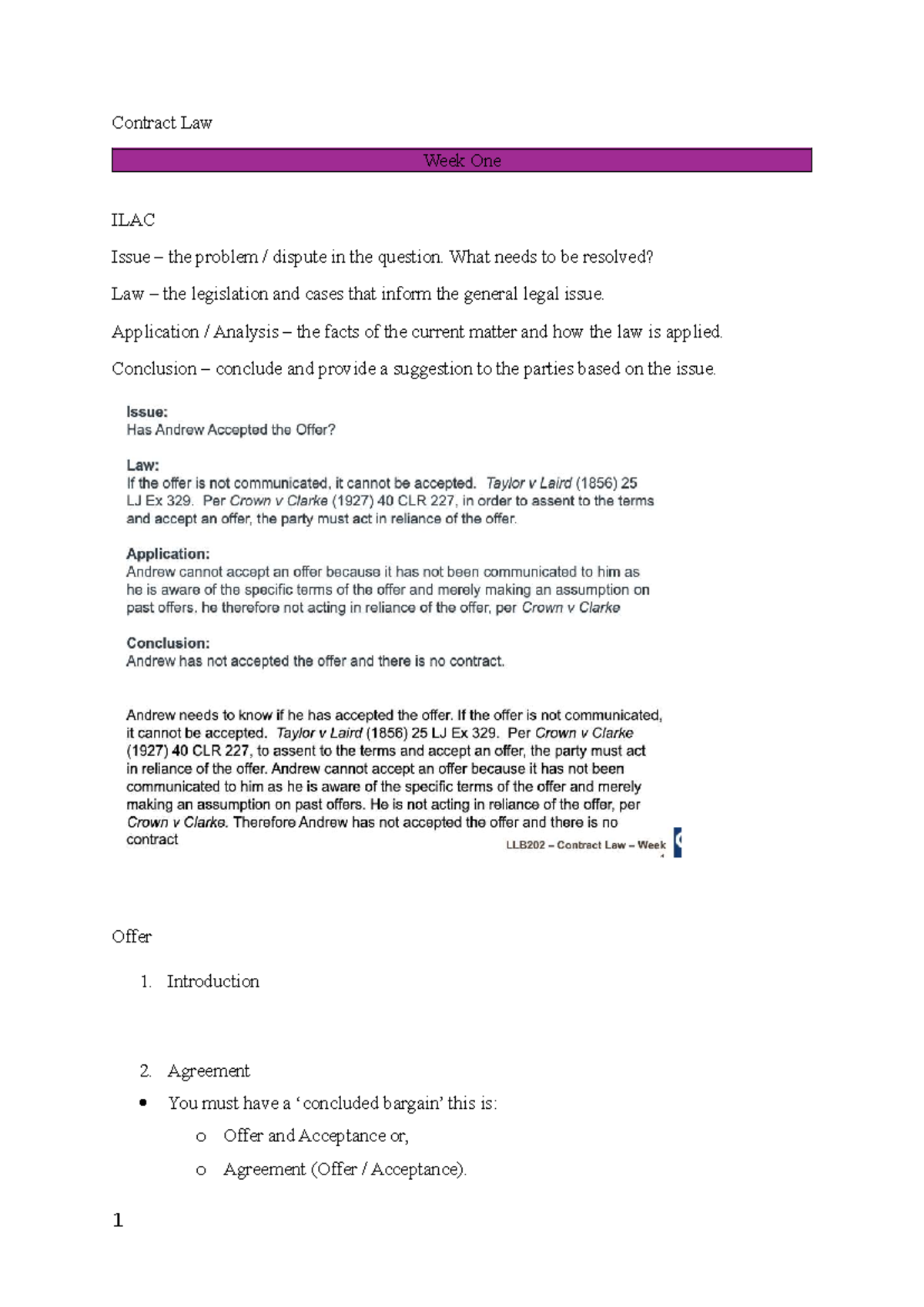 Contract Law - Week 1 Lecture Notes: ILAC Analysis of Offers and ...