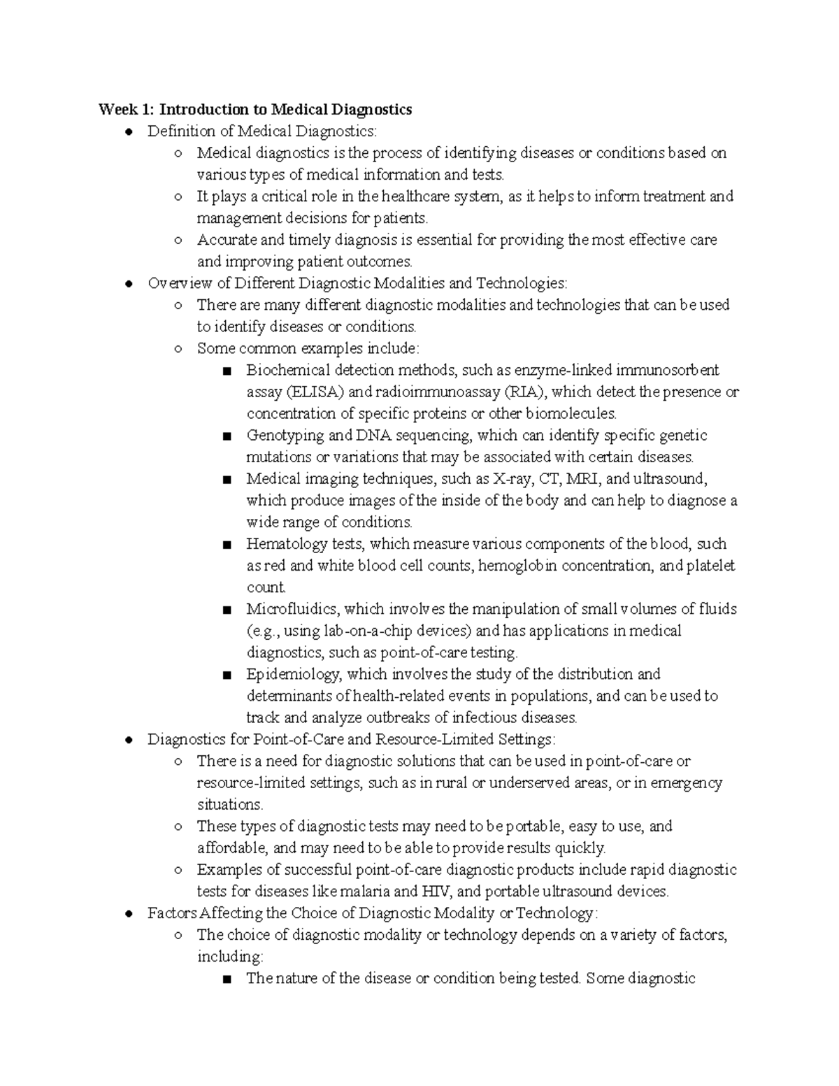 BIEN 167 Medical Diagnostics Lecture Notes: Week-by-Week Overview - Studocu