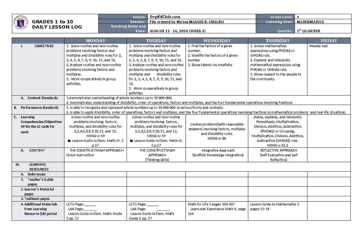 DLL Mathematics 5 Q1 W3: Daily Lesson Log on Factors & Multiples - Studocu