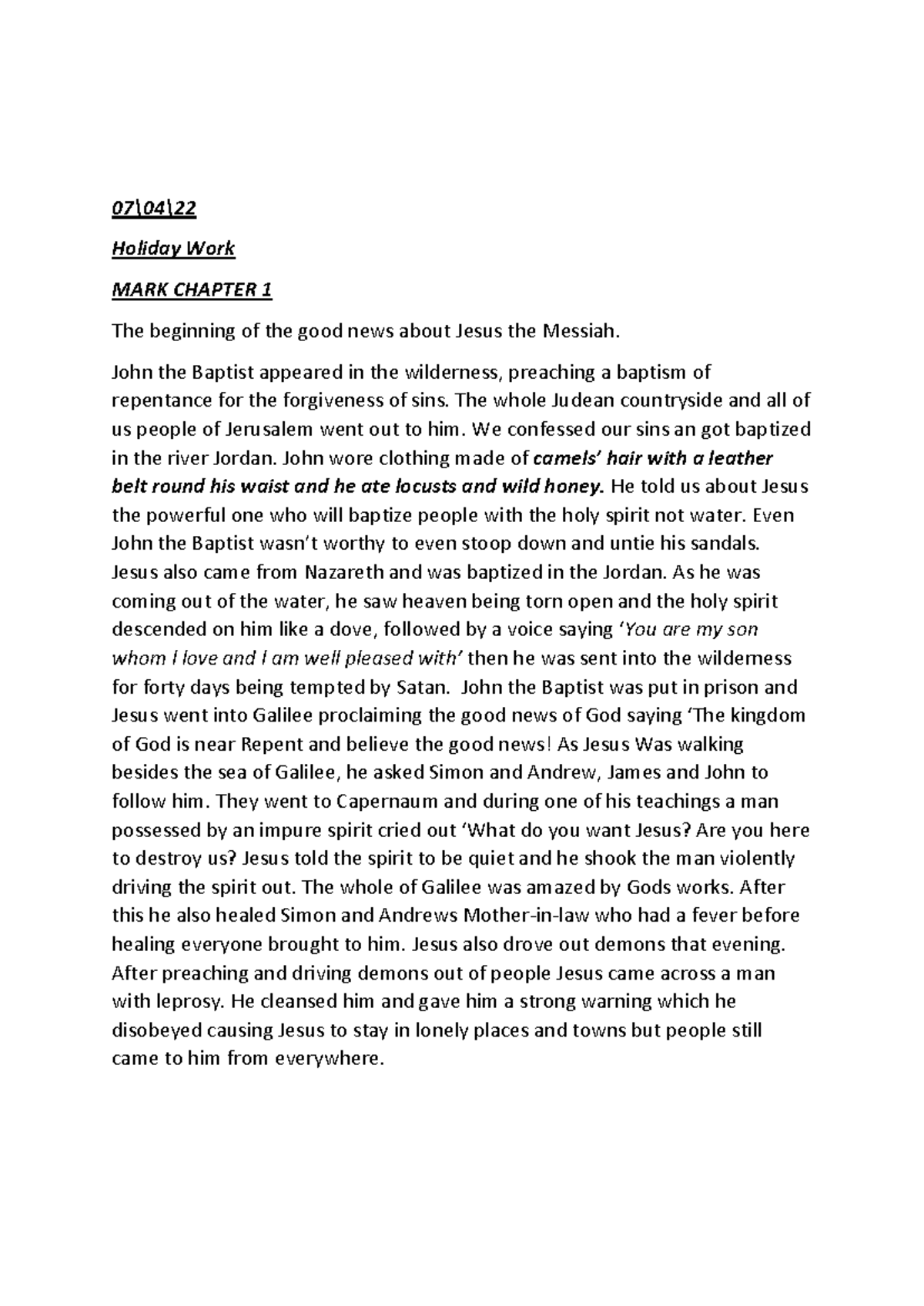BK - Summary of Mark Chapter 1 & 2 for Holiday Homework - Studocu
