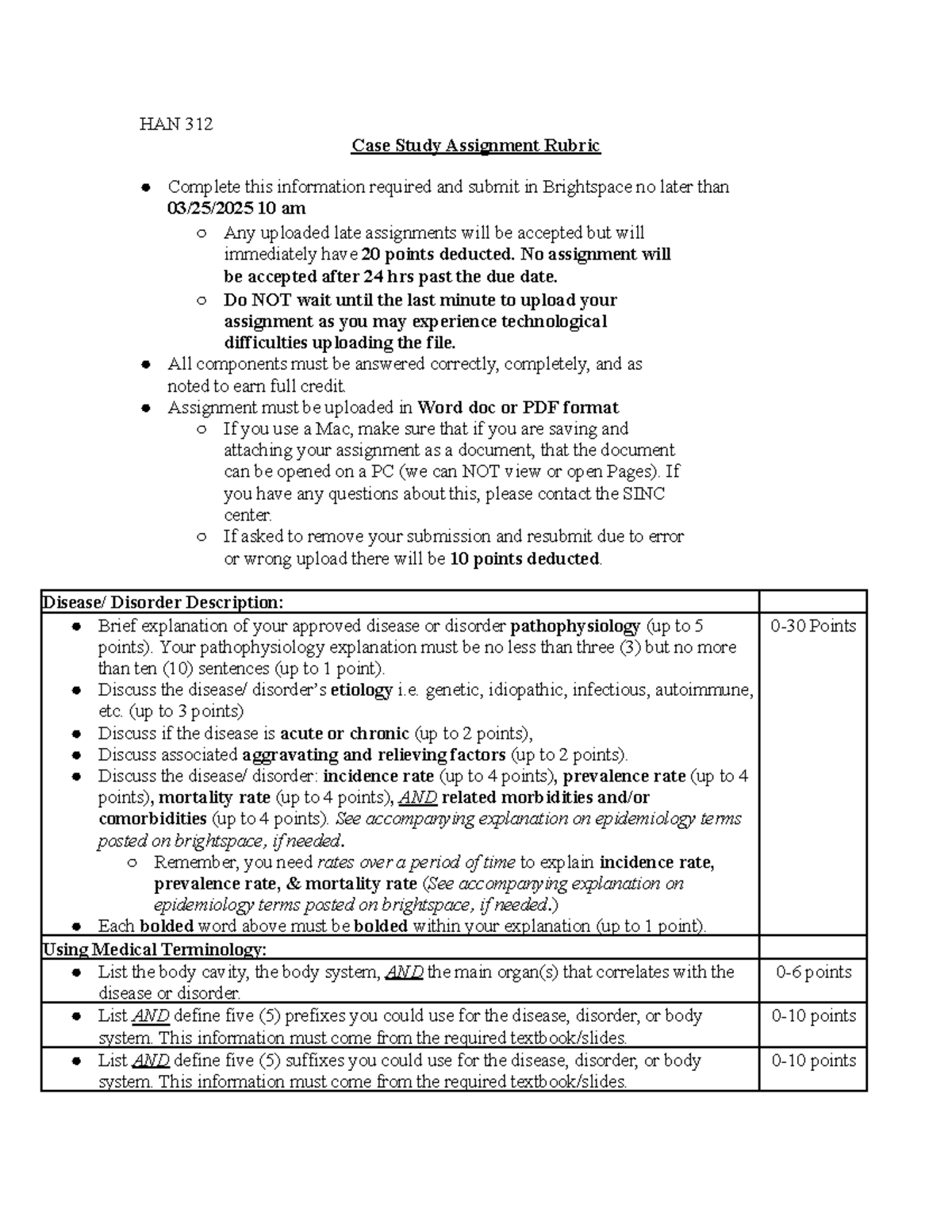 Case Study Assignment Rubric Spring 2025 - HAN 312 Case Study ...