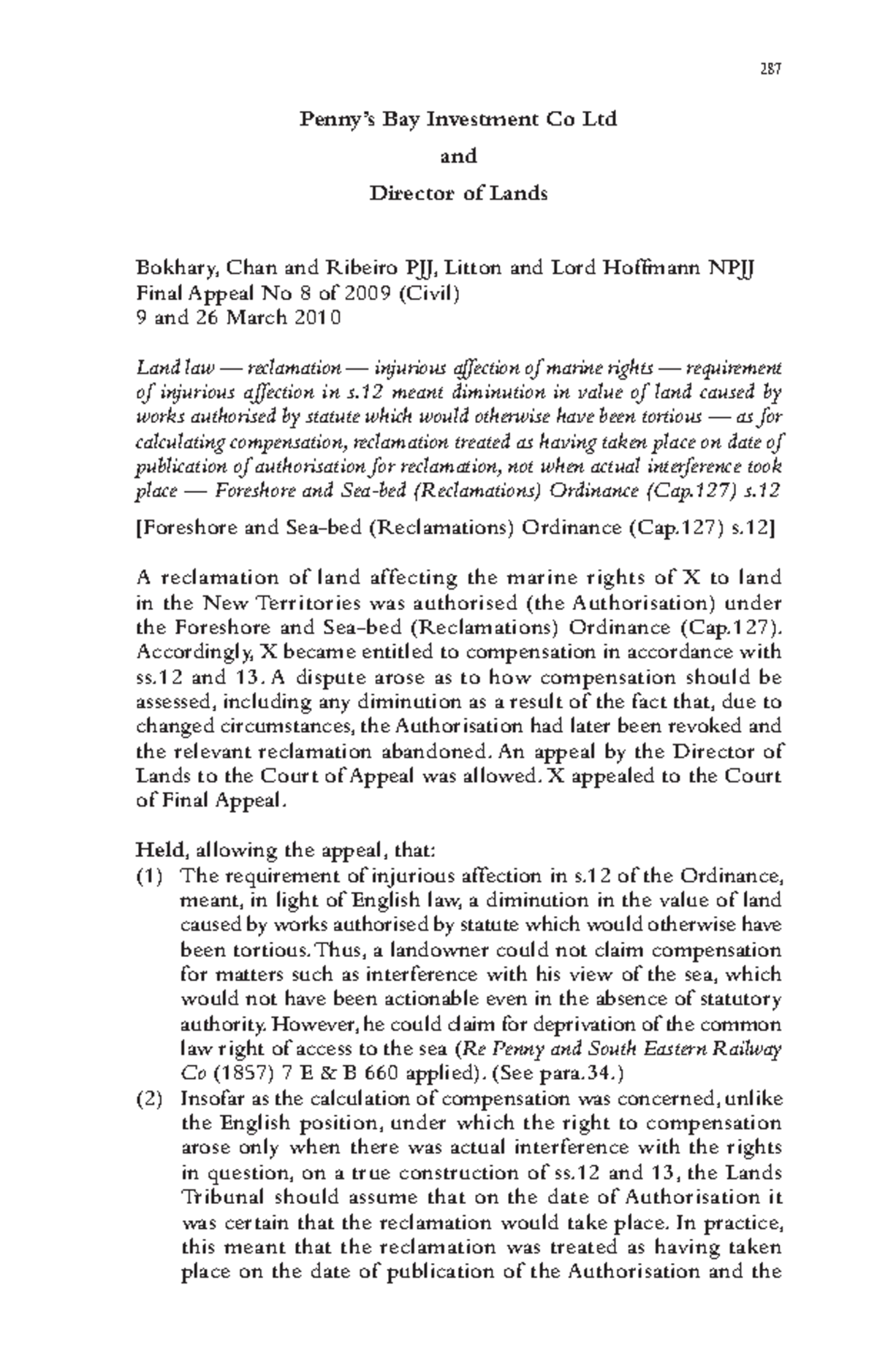 CFAR10130287 - Case Law on Injurious Affection and Reclamation Rights ...