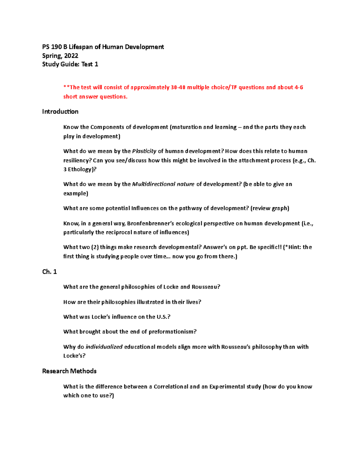Study Guide: PS 190 B Test 1 - Human Development (Spring 2022) - Studocu