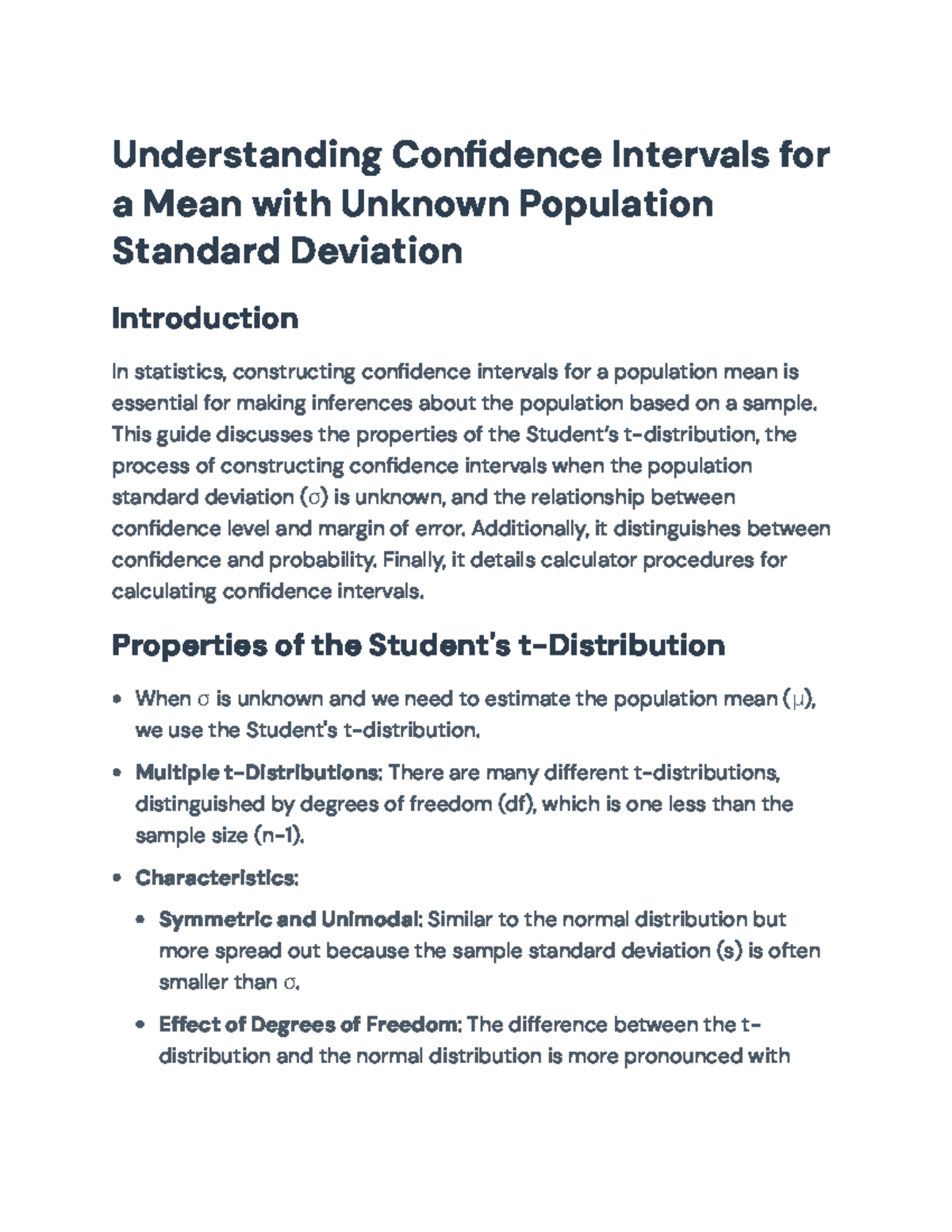 Understanding Confidence Intervals for a Mean with Unknown σ - Stat ...