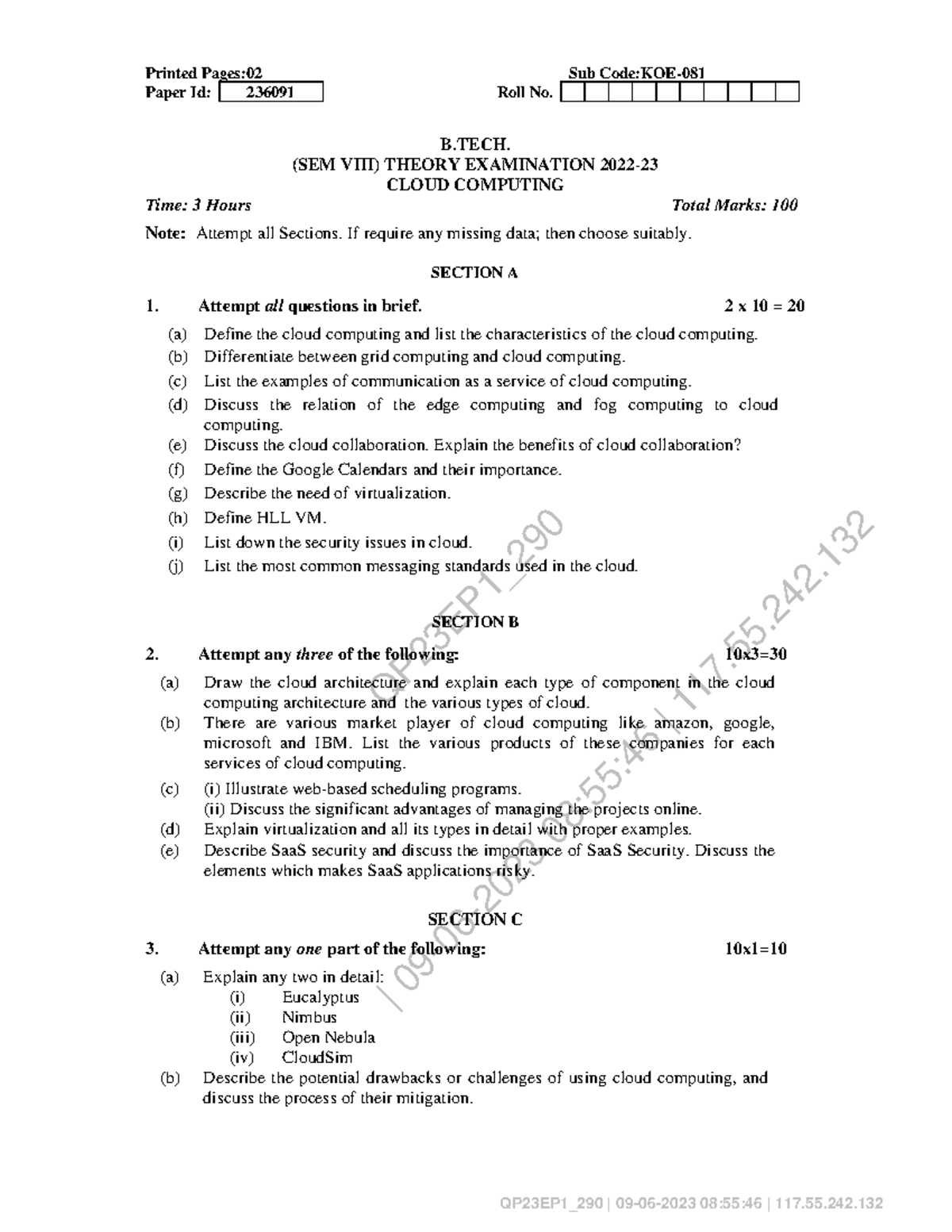 B.TECH 8th Sem Cloud Computing Final Exam Notes 2023 - Studocu