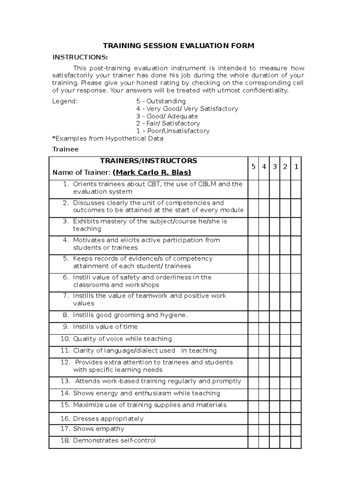 12 Program Evaluation Worksheet - TRAINING SESSION EVALUATION FORM ...
