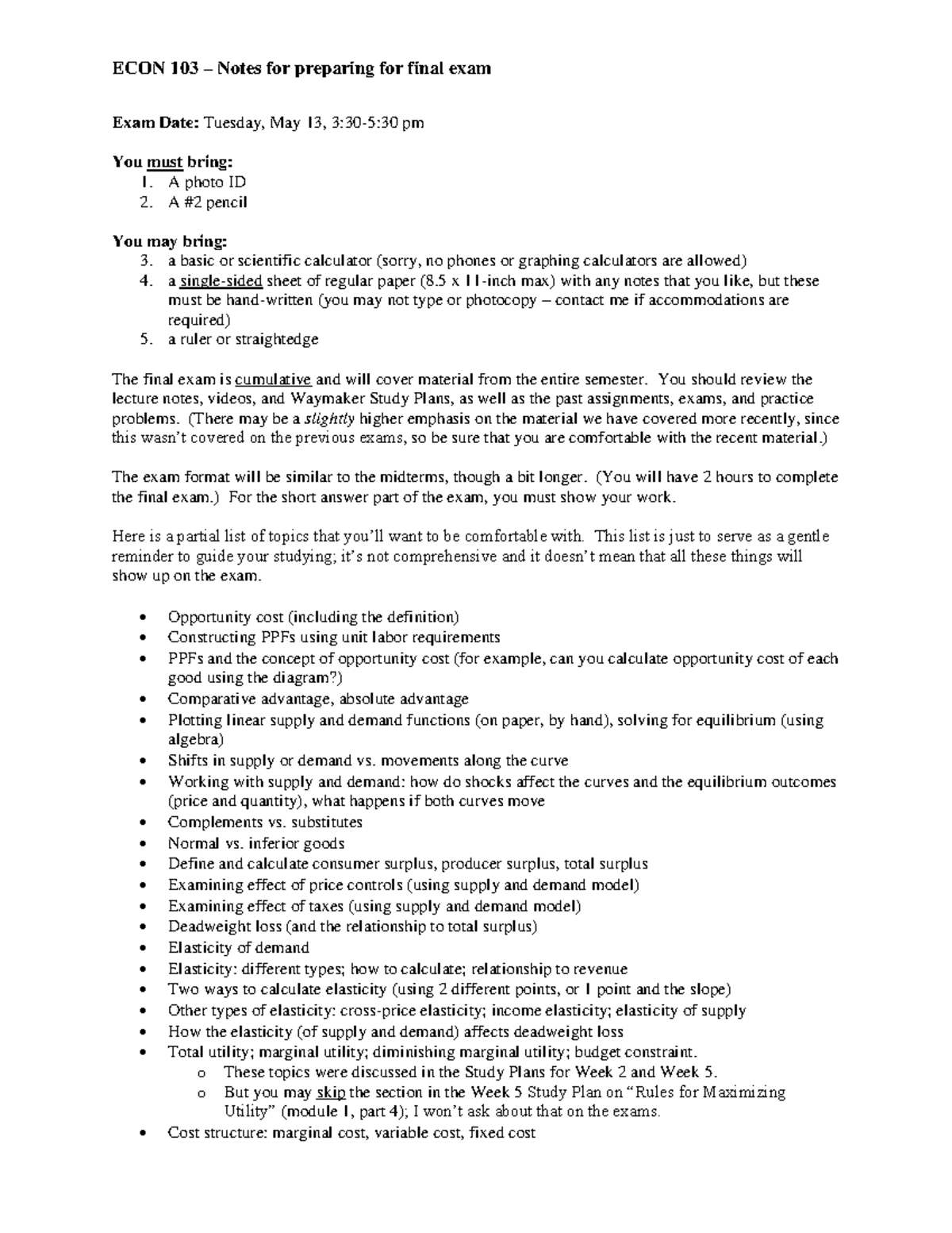 ECON 103 – Final Exam Prep: Essential Topics and Key Concepts Guide ...