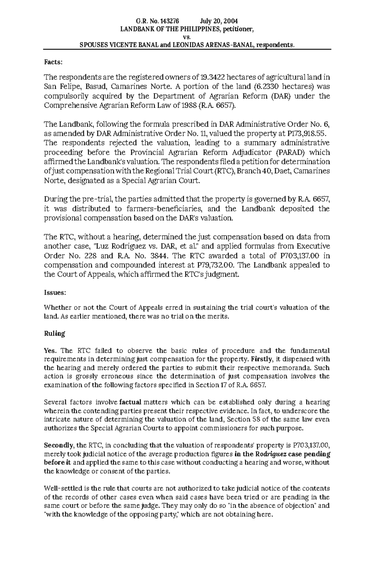 LBP v. Banal: Case Digest on Just Compensation Ruling (G.R. No. 143276 ...