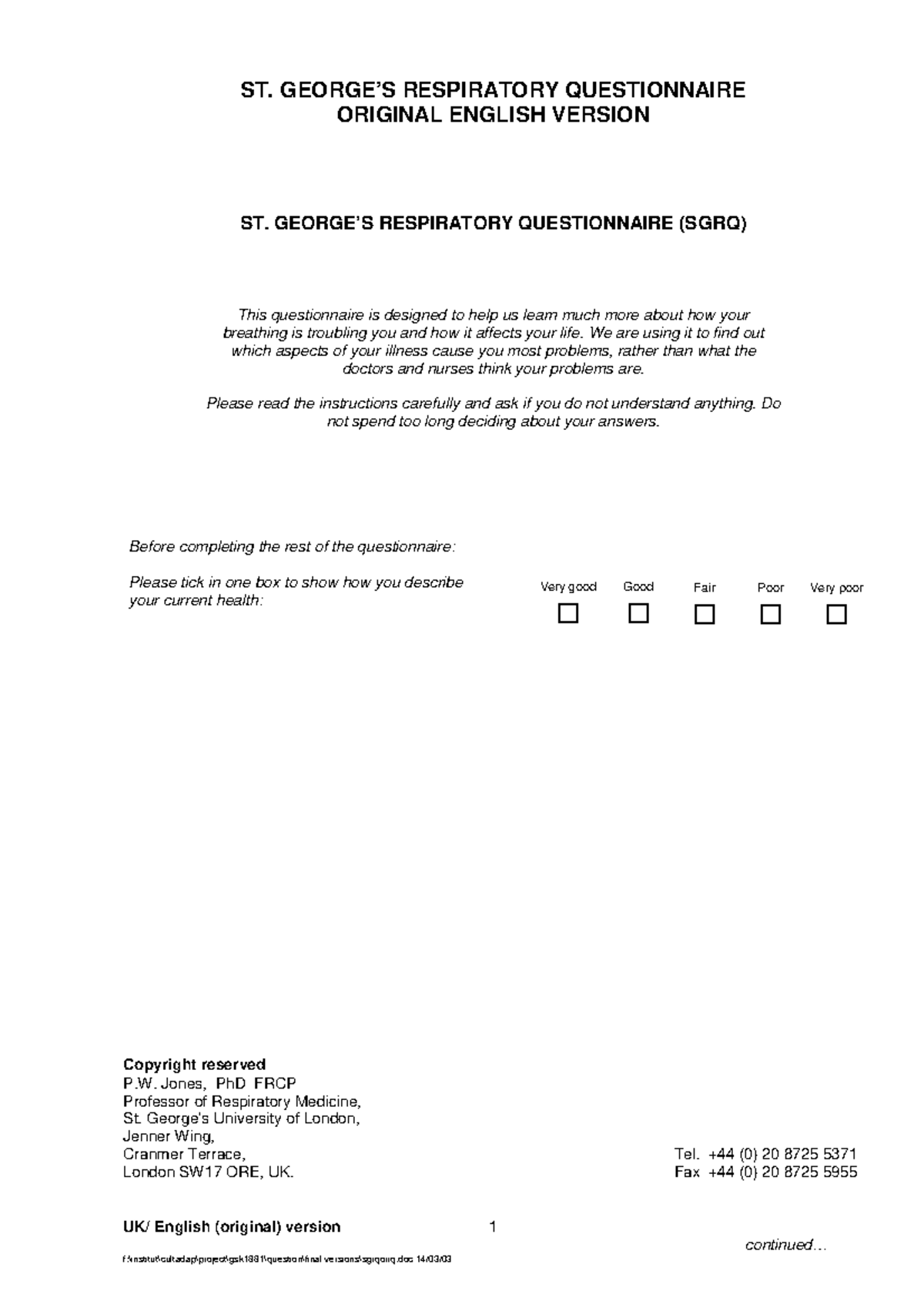 SGRQ Questionnaire: Assessing Respiratory Health and Impact on Life ...