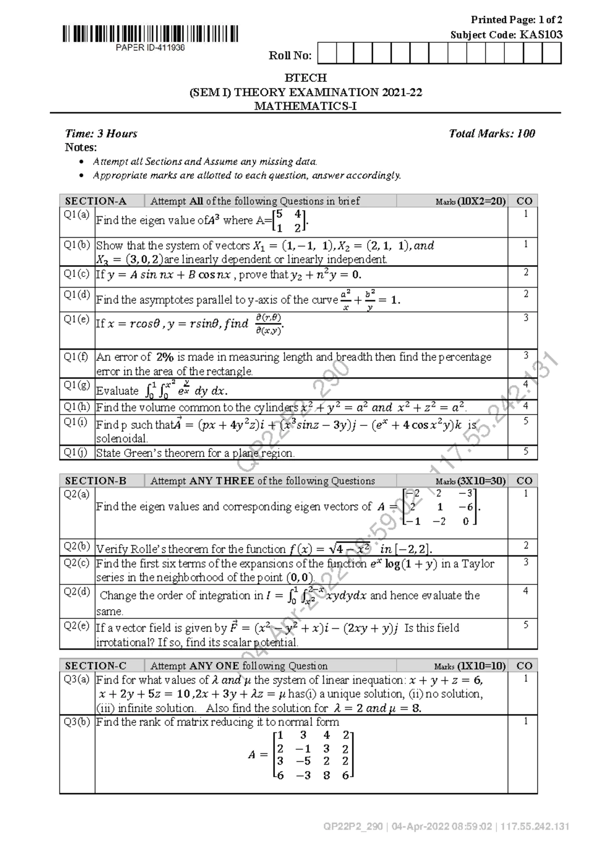 Engineering Mathematics-I KAS103T Final Exam Paper (Odd Sem) - Studocu