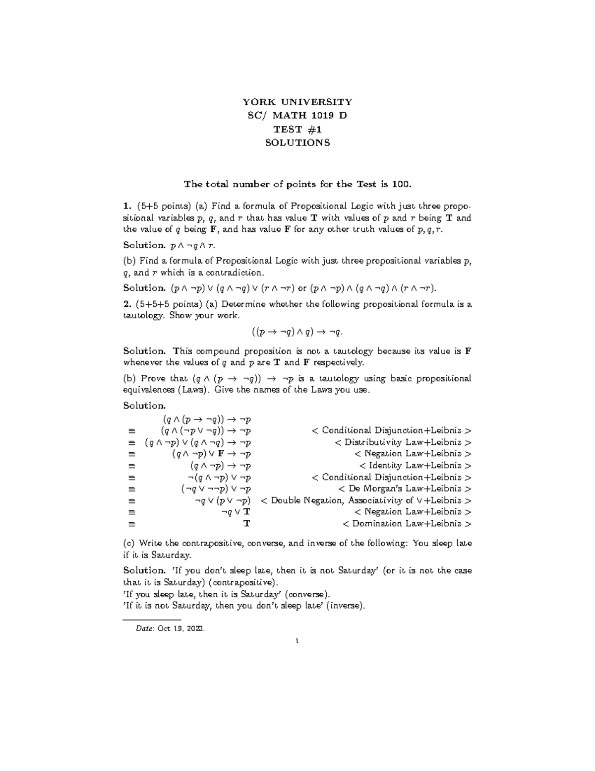 Midterm 1 Solutions for SC/MATH 1019 D at York University - Studocu