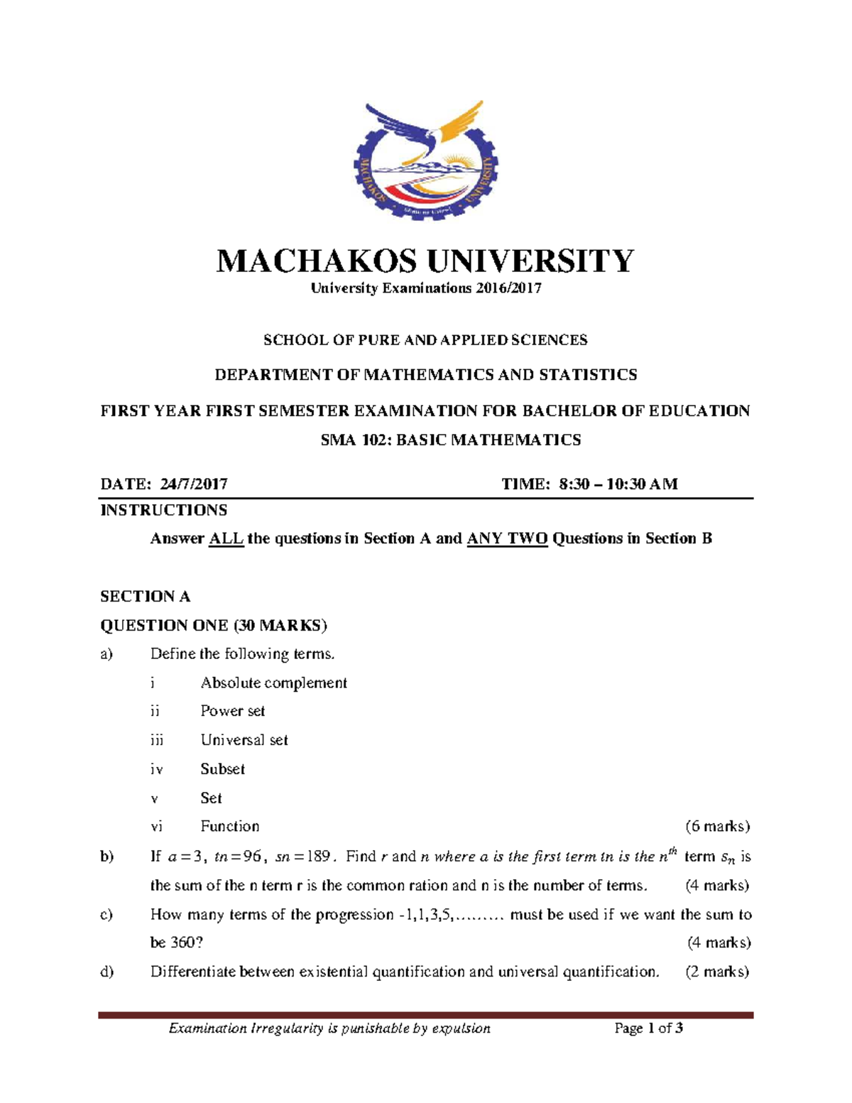 SMA 102: Basic Mathematics First Year Exam 2016 Questions ...