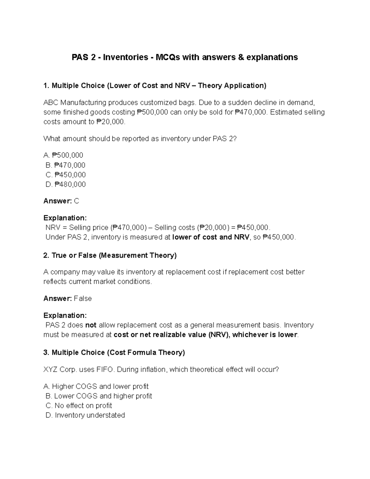 PAS 2 - Inventories MCQs with Answers & Explanations - Studocu