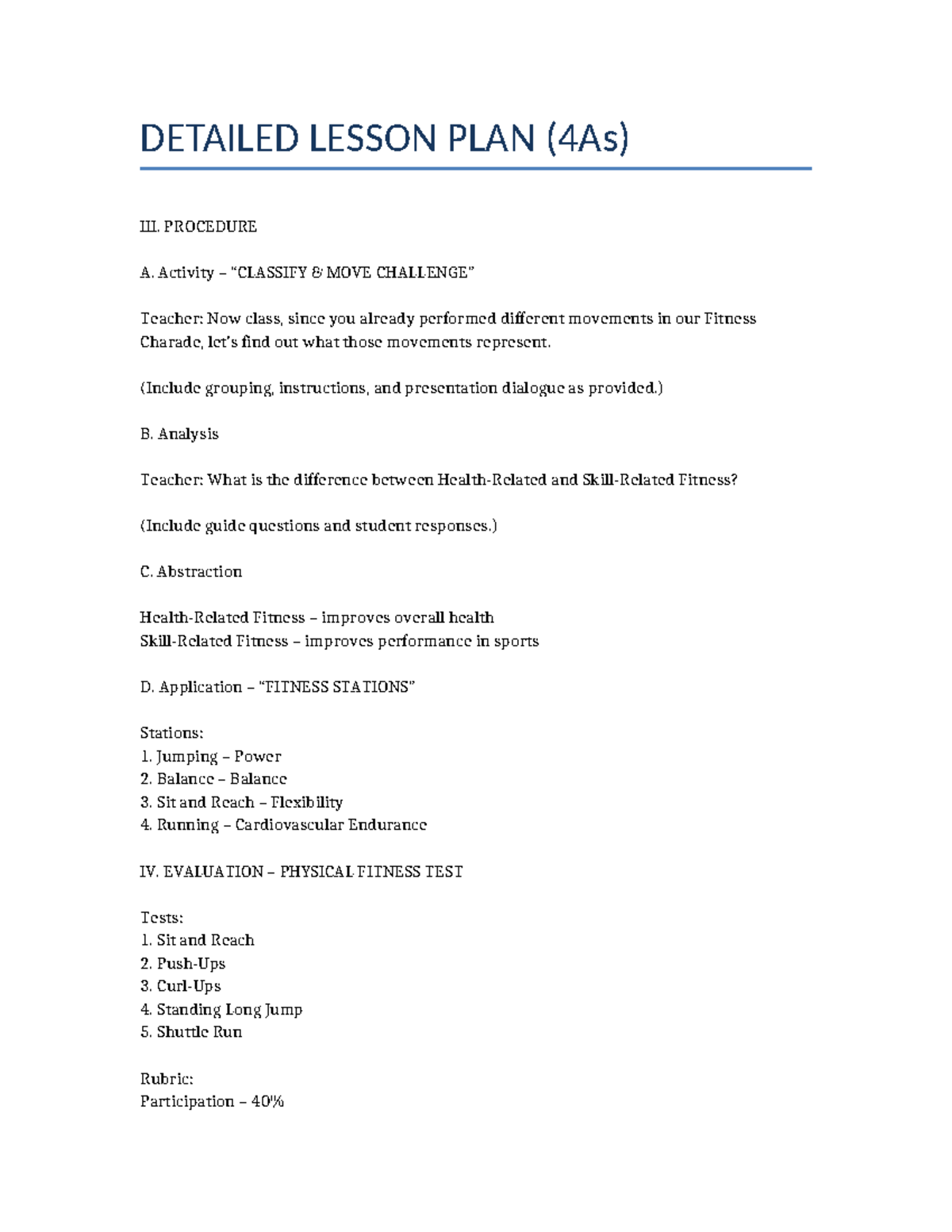 Physical Fitness Lesson Plan (Grade 7 MAPEH) - 4As Procedure - Studocu
