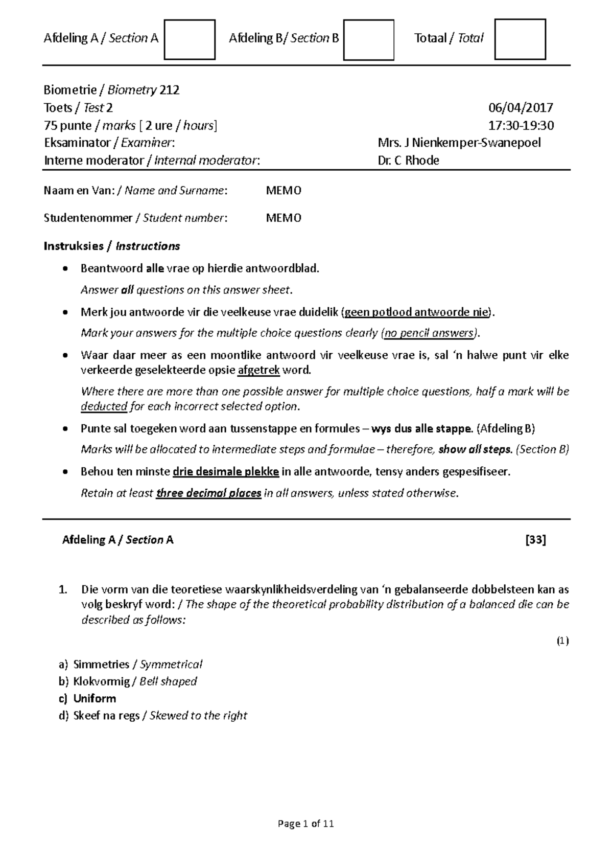 BMT 212 Toets 2 Memo - Biometry Practice Question Paper - Studocu