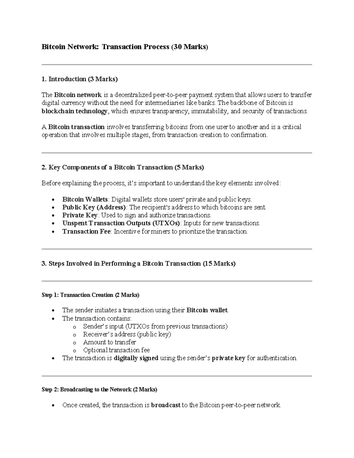 Bitcoin Network Transaction Process: Key Steps & Components (30 Marks ...