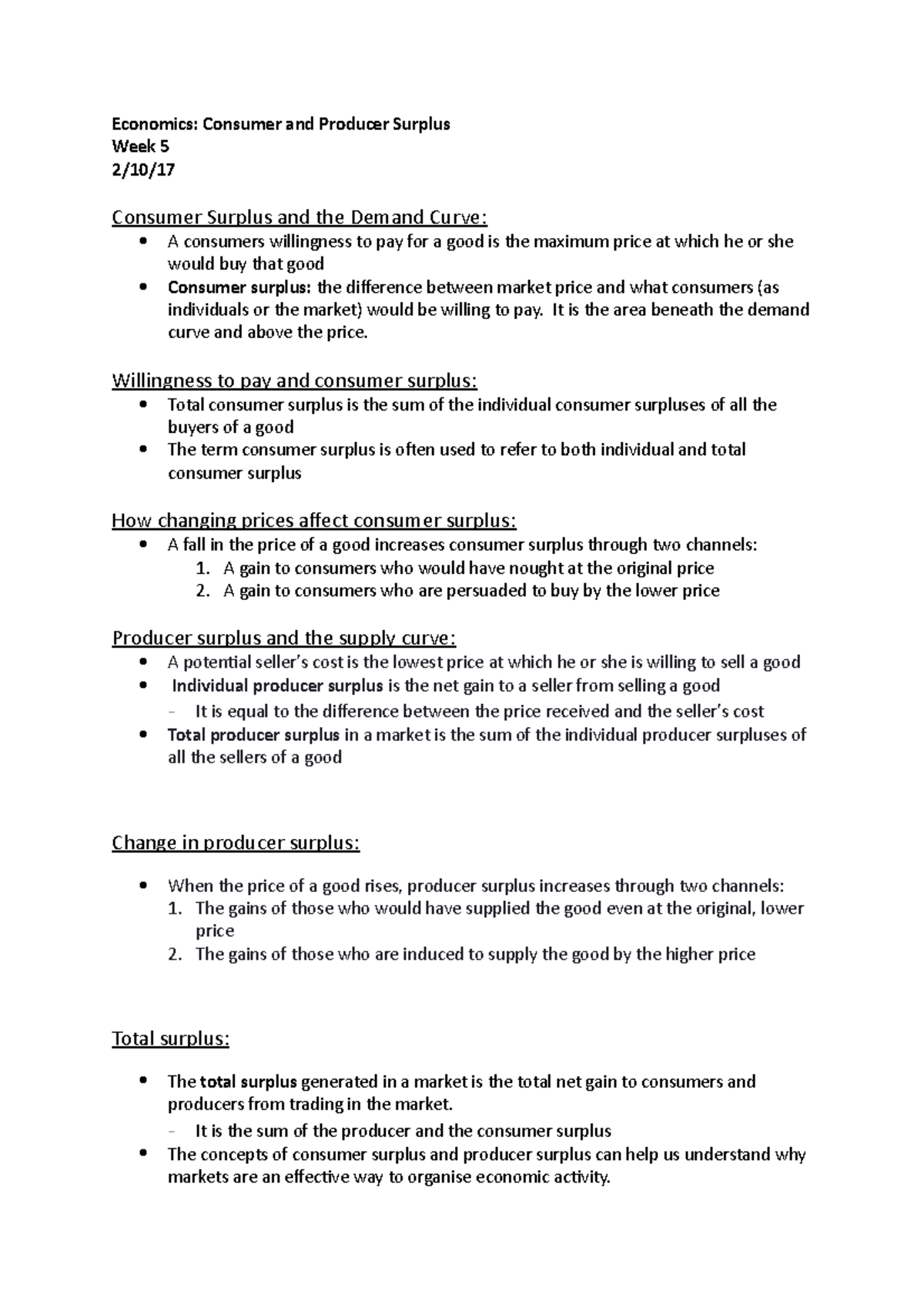 ECO 101 Week 5 Lecture Notes: Consumer and Producer Surplus - Studocu