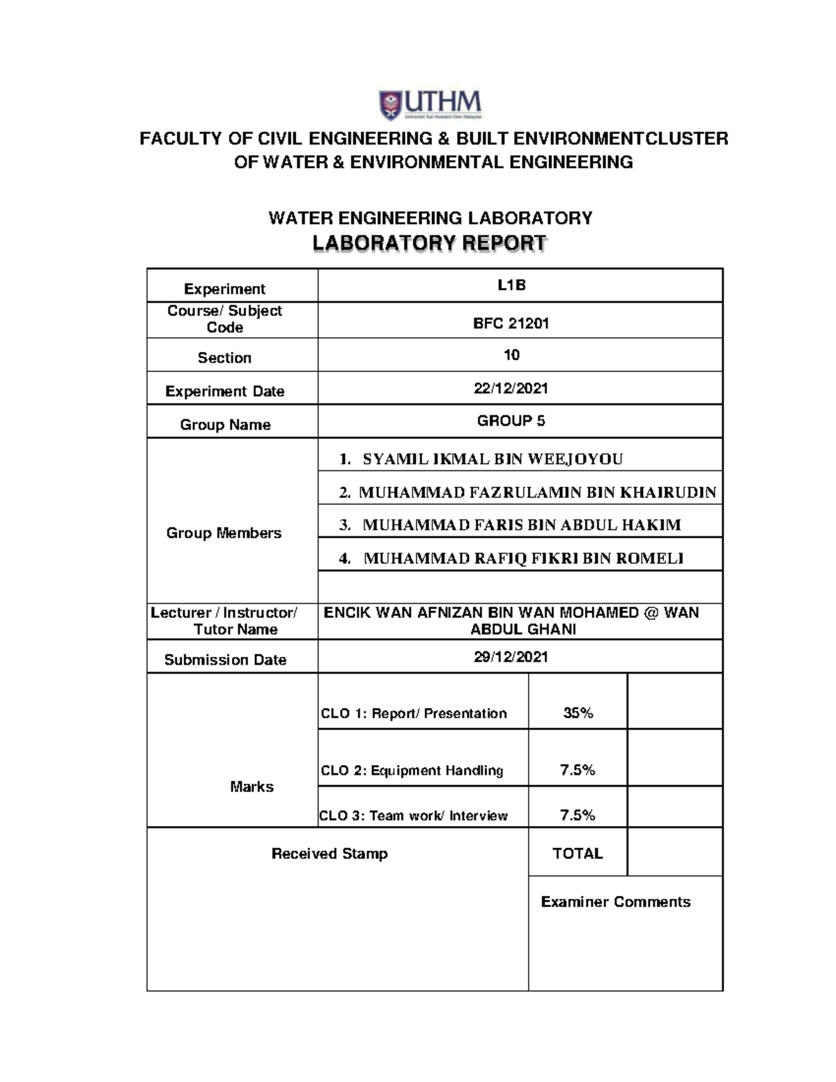 Infiltration Lab Report: Hydraulics Experiment BFC 21201 - Studocu