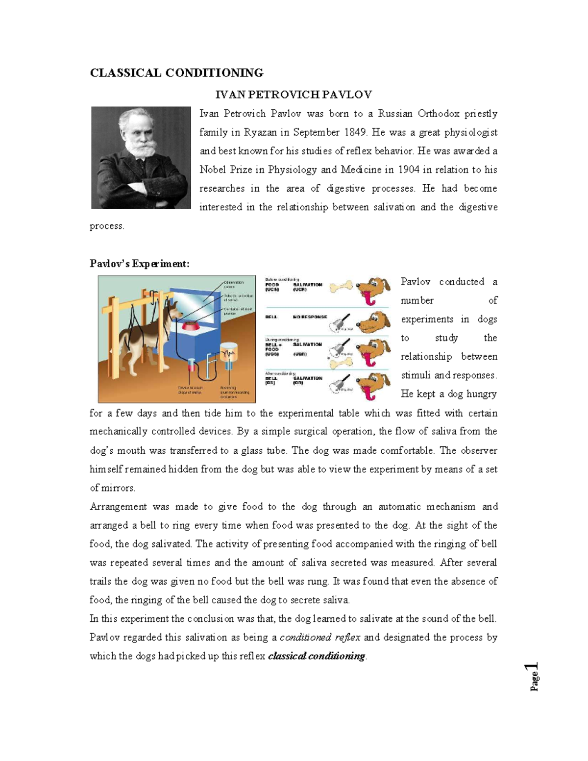 CLASSICAL CONDITIONING: IVAN PAVLOV'S EXPERIMENTS AND IMPLICATIONS ...