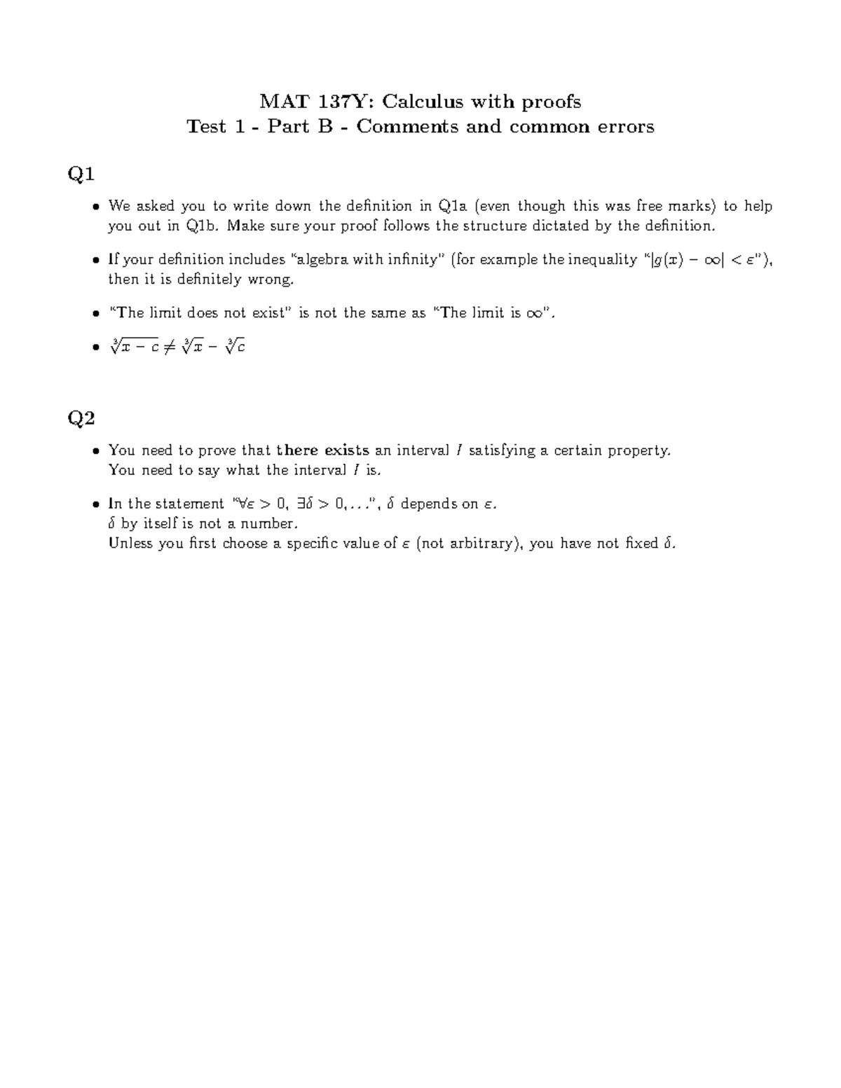 MAT 137Y: Calculus with Proofs Test 1 Part B Feedback and Errors - Studocu