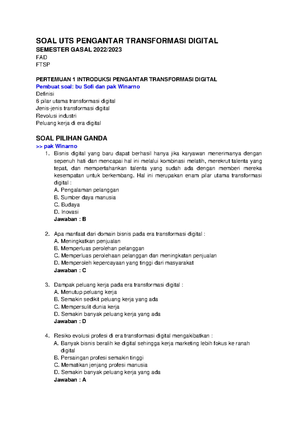 Pembahasan UTS Digital Transformation Course FTSP Semester Gasal 2022 ...