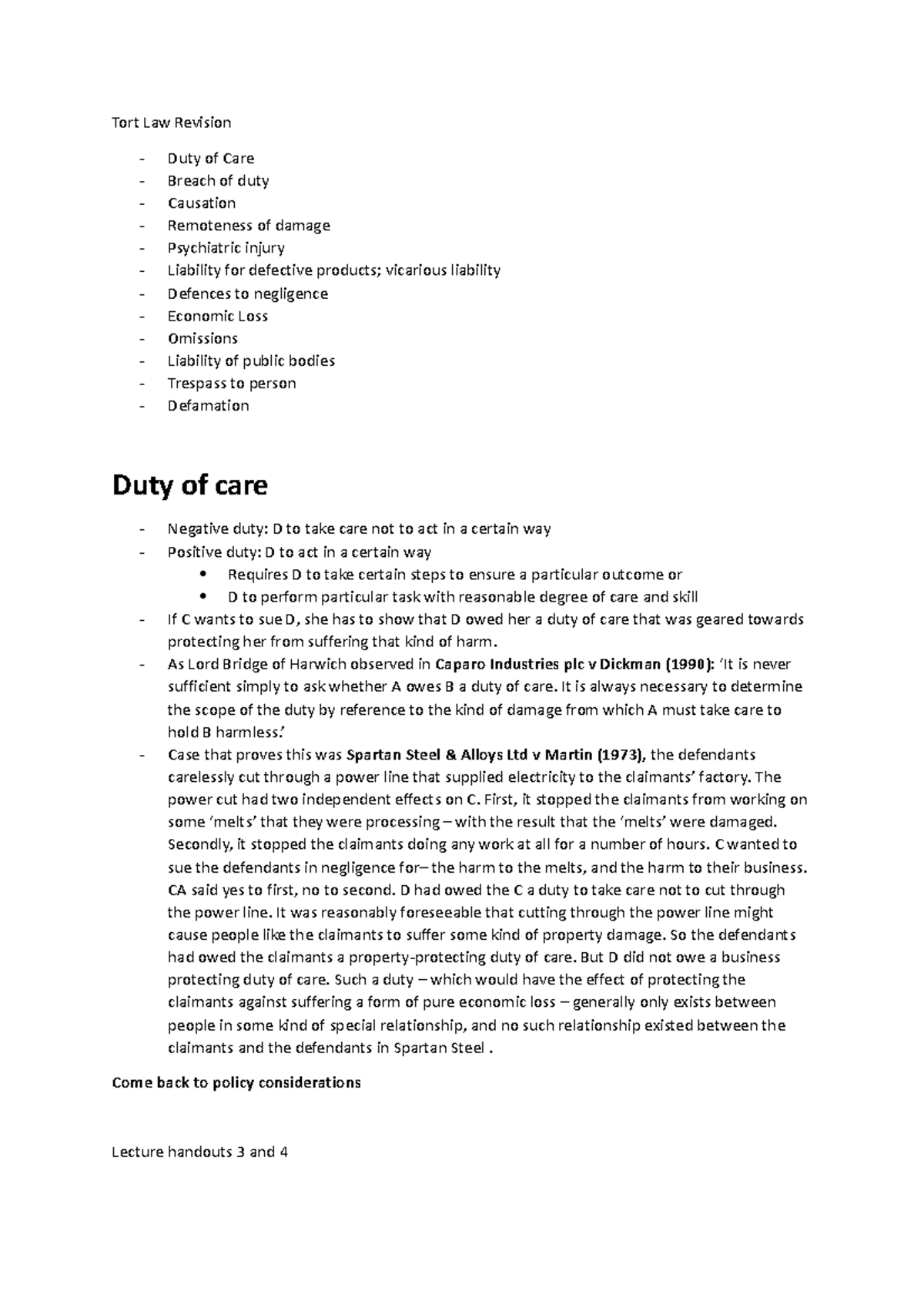 Tort Law Revision Notes: Duty of Care, Liability & Defences - Studocu