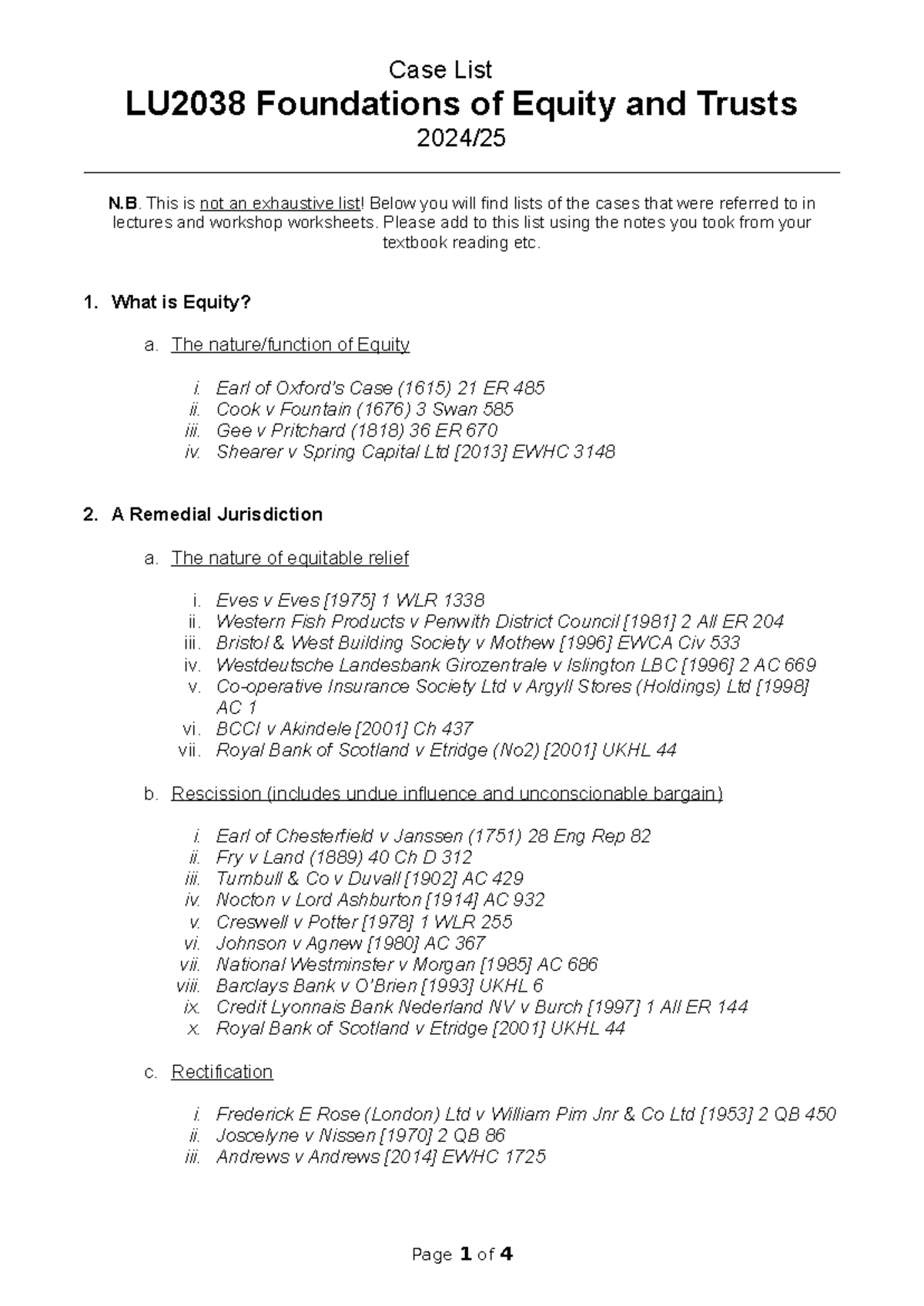 LU2038 Case List - Key Cases in Equity and Trusts Foundations - Studocu