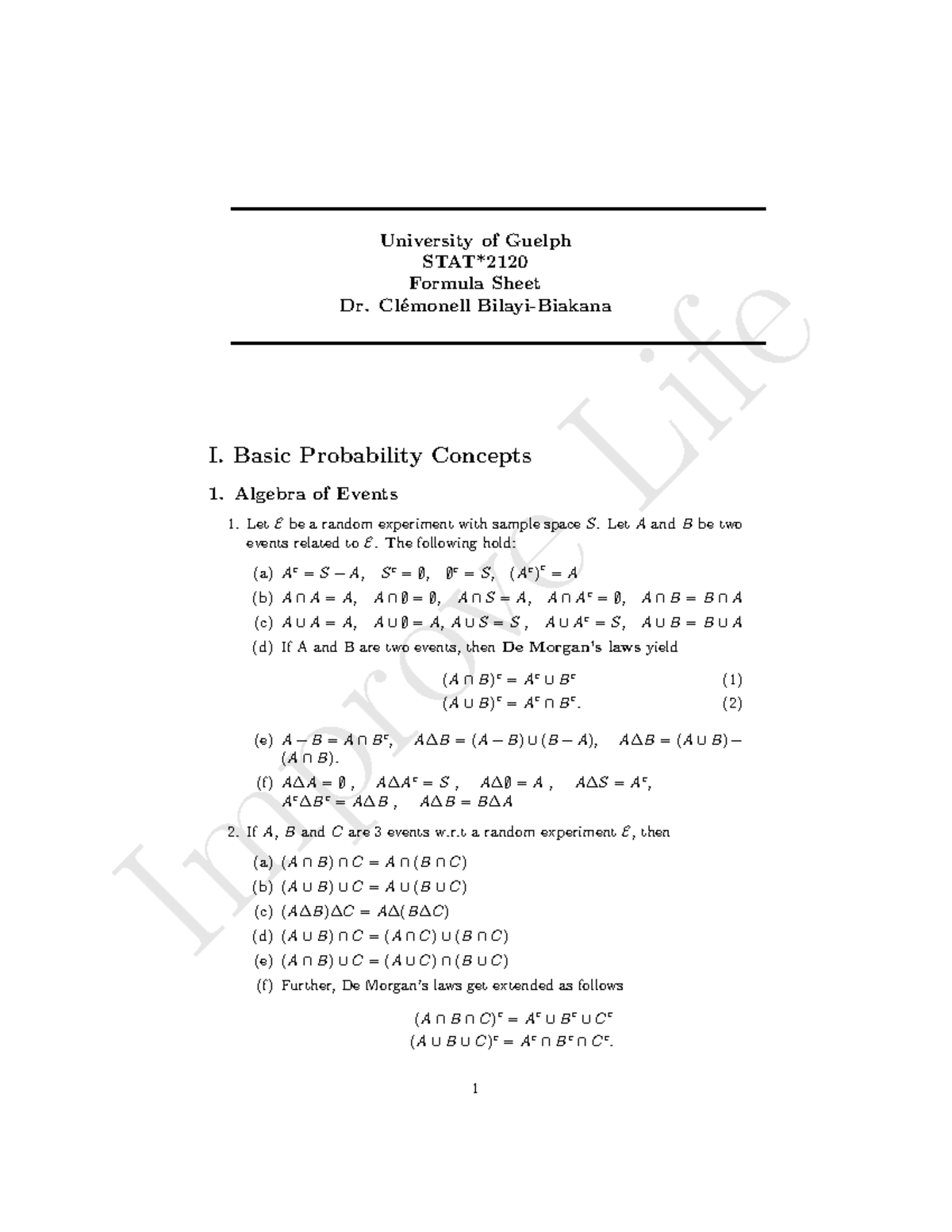 E21: Formula Sheet on Basic Probability Concepts and Random Variables ...