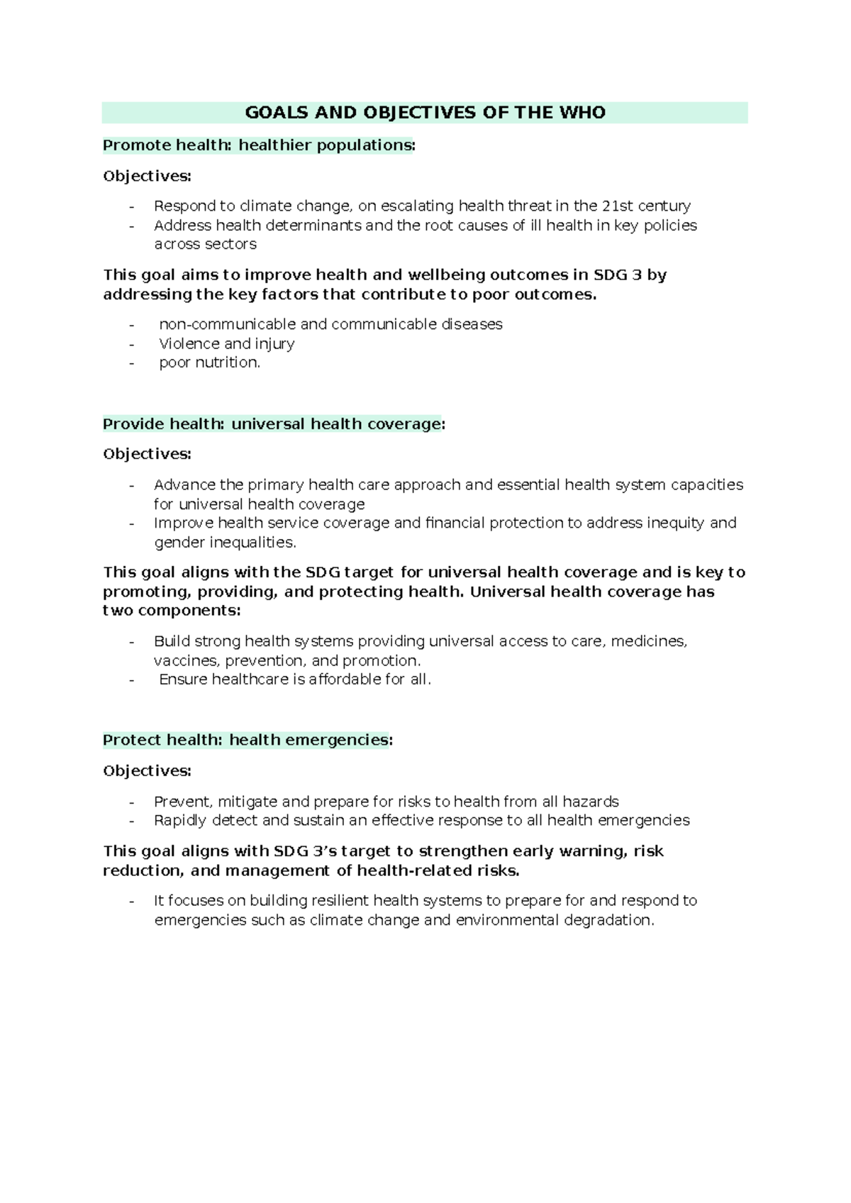 WHO Goals and Objectives: Promoting Health and Universal Coverage - Studocu