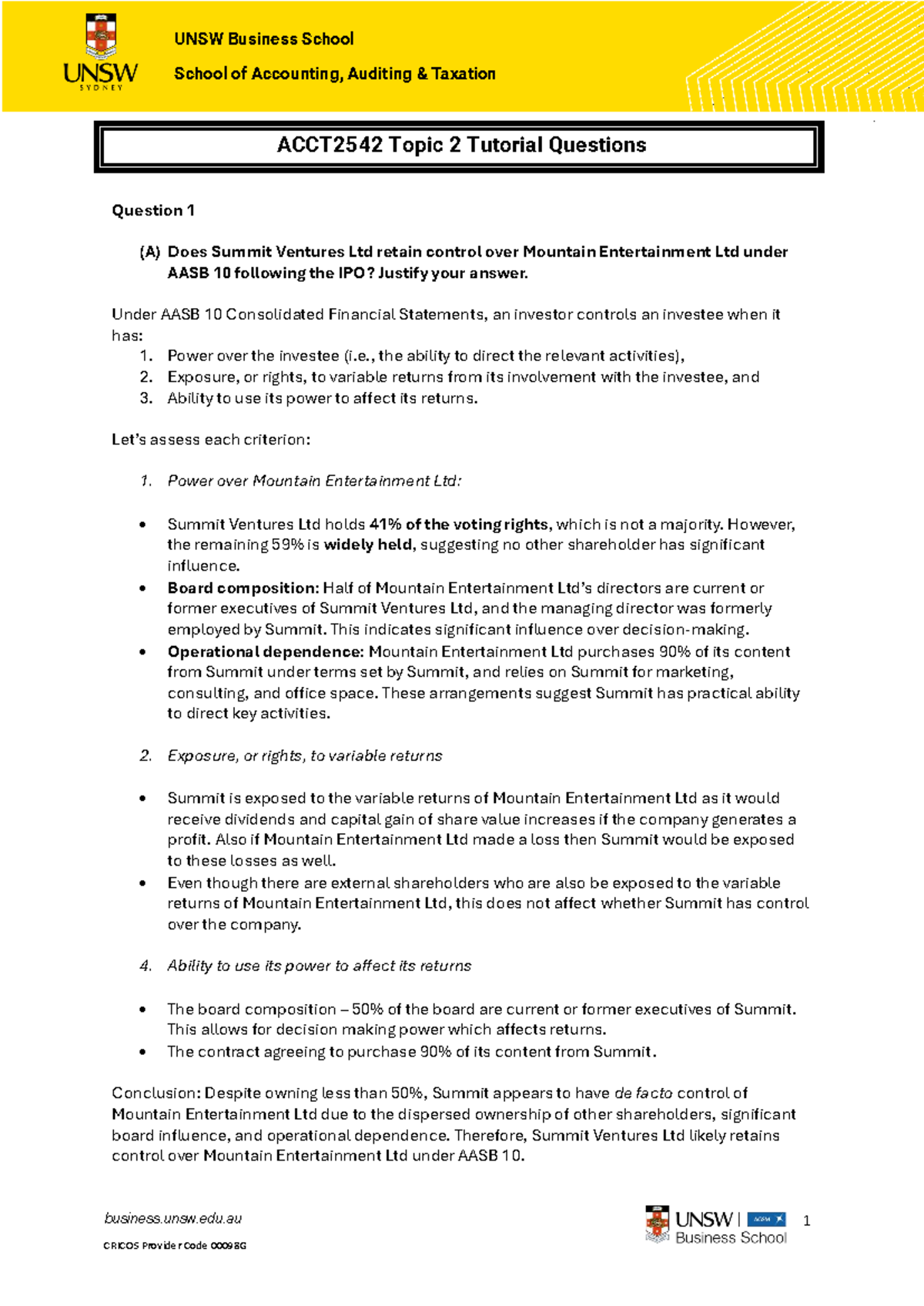 ACCT2542 Topic 2 Tutorial Solutions: Control Assessment of Summit ...