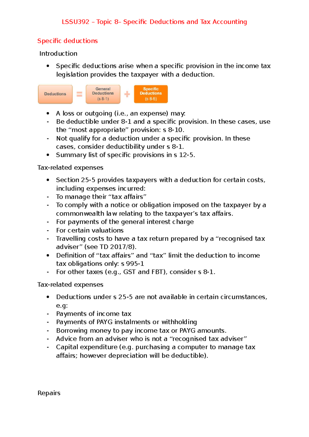 LSSU392 - Topic 8: Specific Deductions in Tax Accounting - Studocu