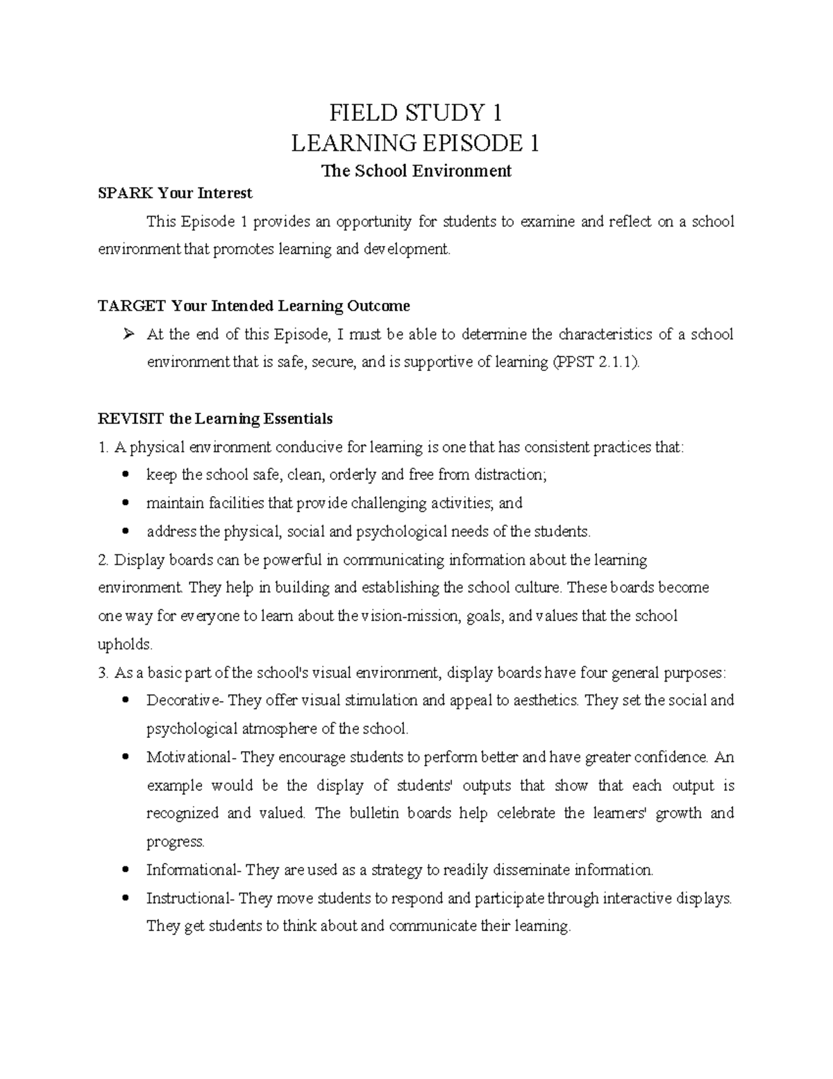 Field Study 1 - FIELD STUDY 1 LEARNING EPISODE 1 The School Environment ...