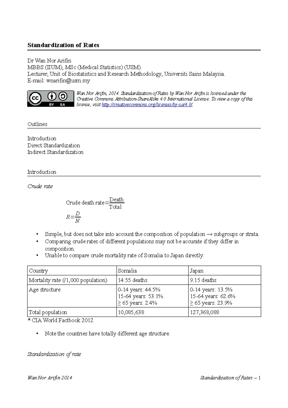 Standardization of Rates: Comparison Using Direct and Indirect Methods ...