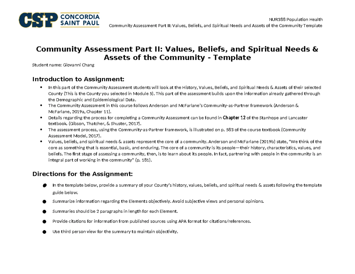 NUR 388 Community Assessment Part I: Demographic & Epidemiological ...