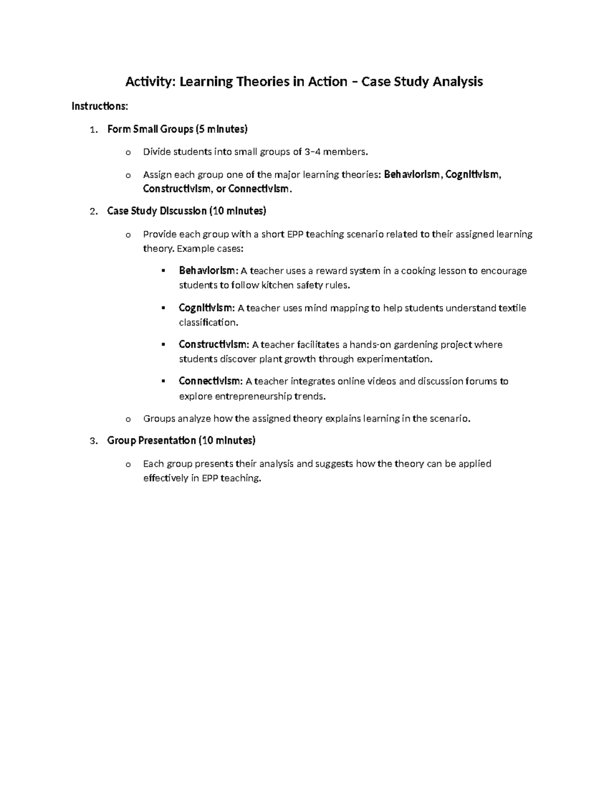 BEED 1 learning theory student activity - Activity: Learning Theories ...
