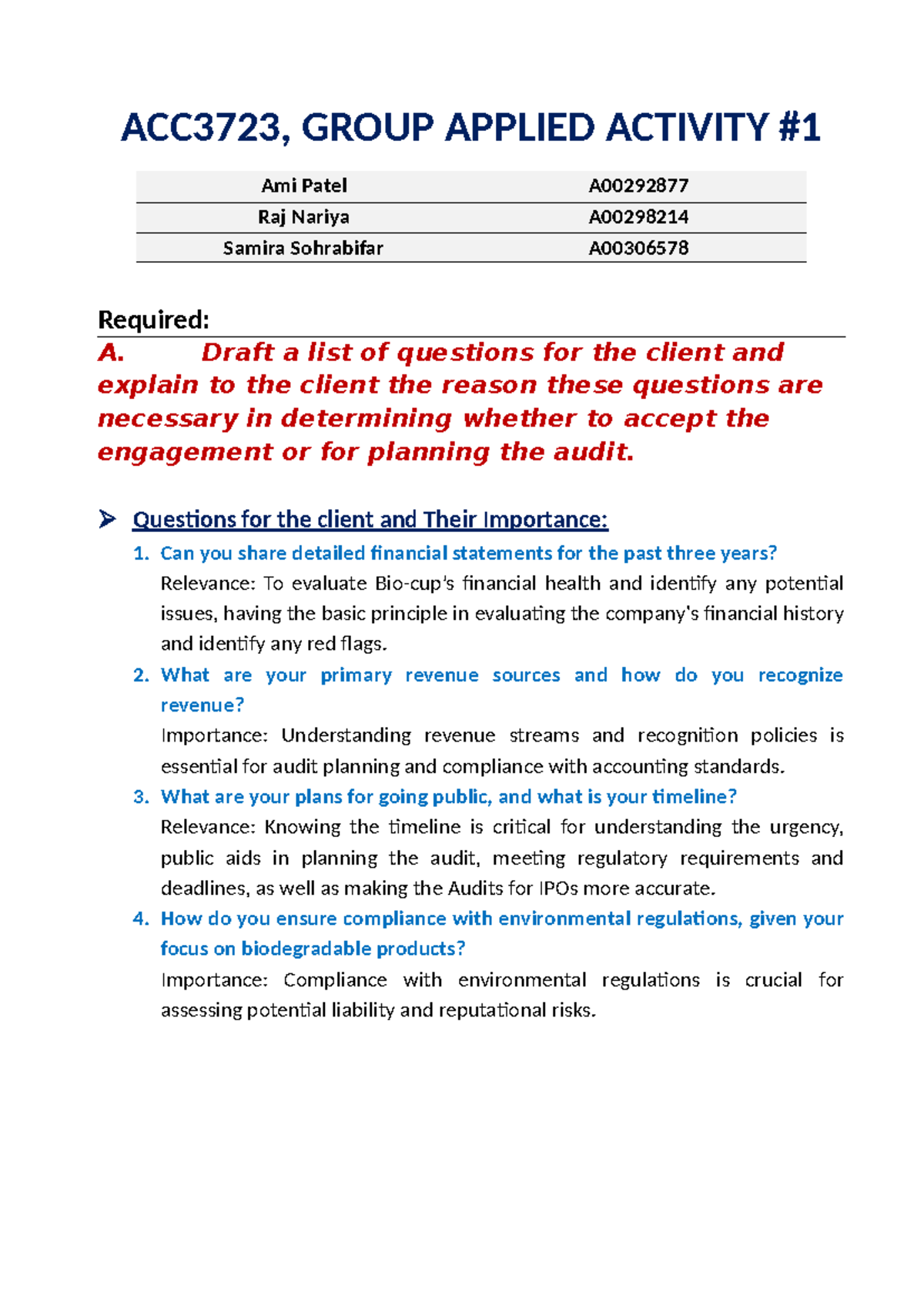 ACC3723 Group Applied Activity: Client Engagement Questions & Audit ...