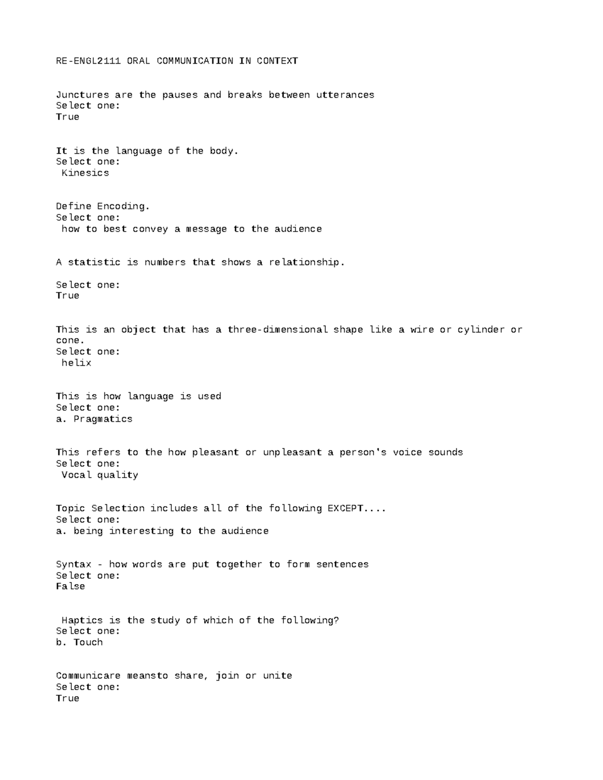 RE-ENGL2111 ORAL Communication in Context: Key Concepts & Exam Review ...